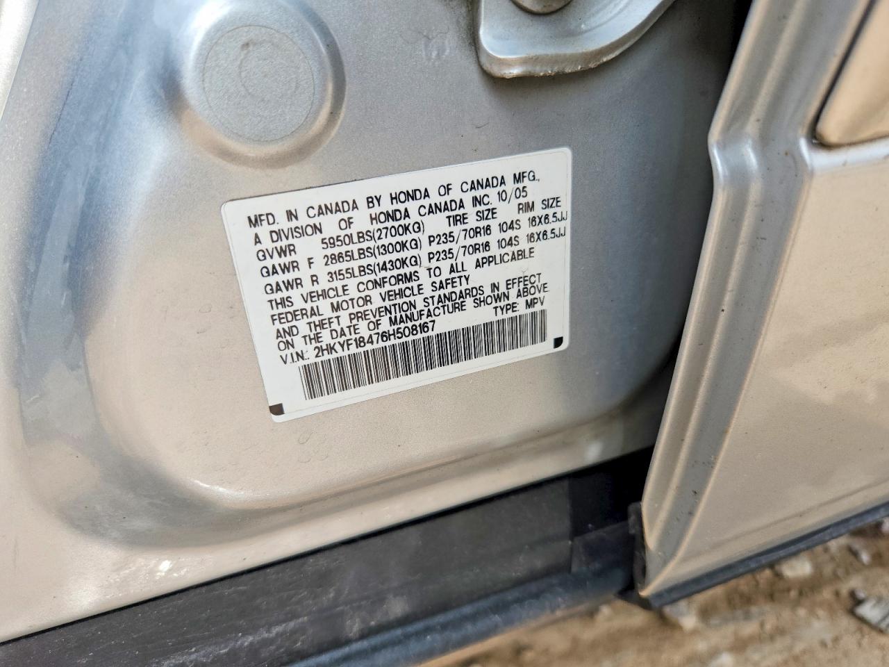 2006 Honda Pilot Ex Silver vin: 2HKYF18476H508167