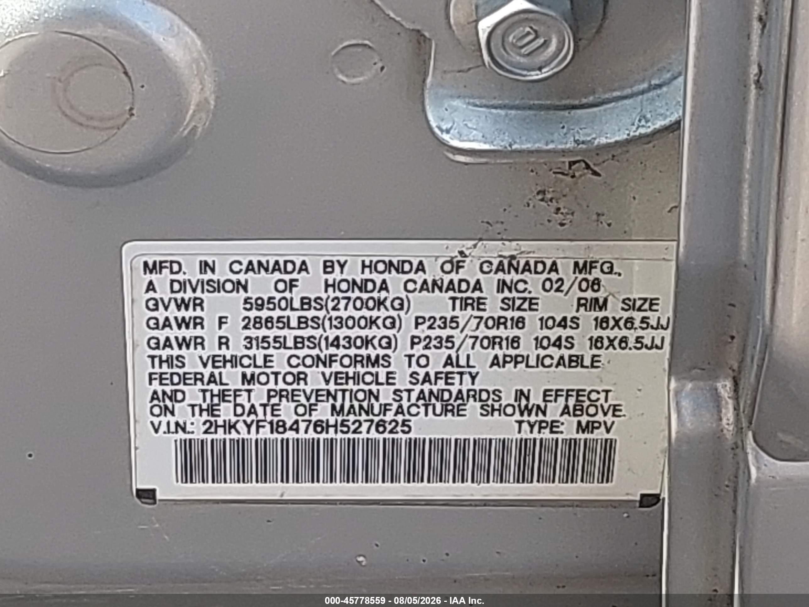 2006 Honda Pilot Ex Silver vin: 2HKYF18476H527625