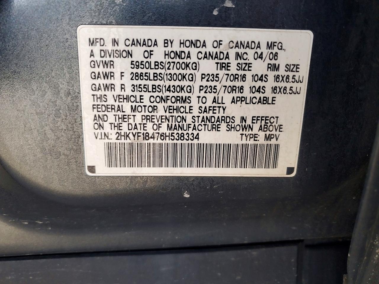 2006 Honda Pilot Ex Black vin: 2HKYF18476H538334