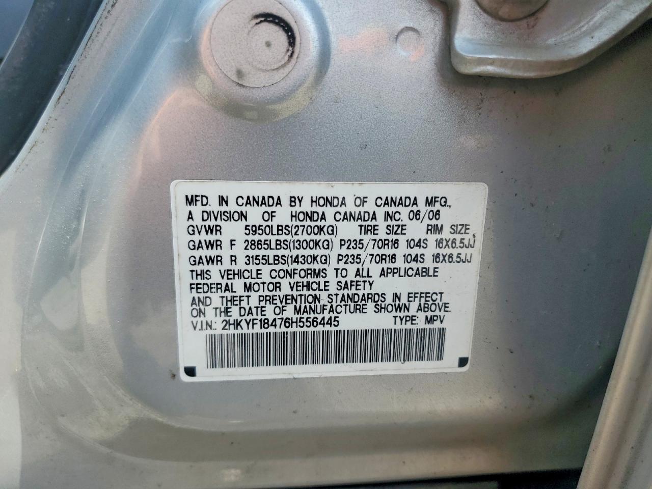 2006 Honda Pilot Ex Серебряный vin: 2HKYF18476H556445