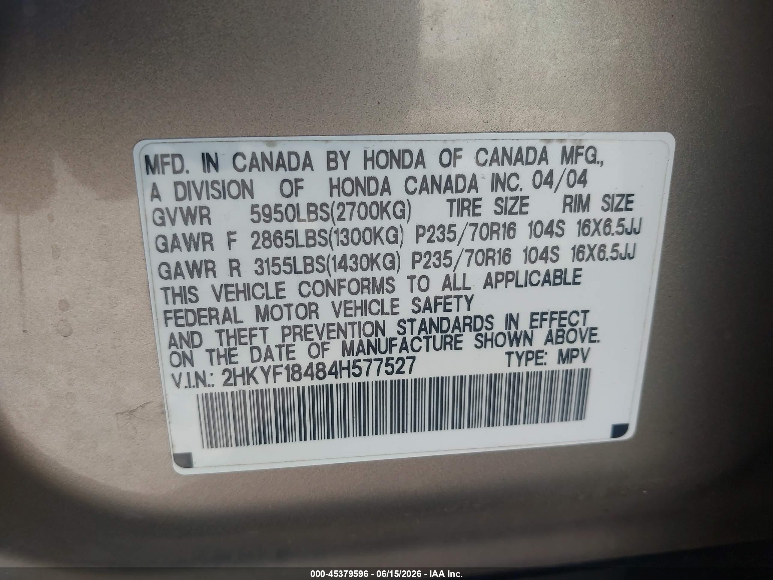 2004 Honda Pilot Ex Gold vin: 2HKYF18484H577527
