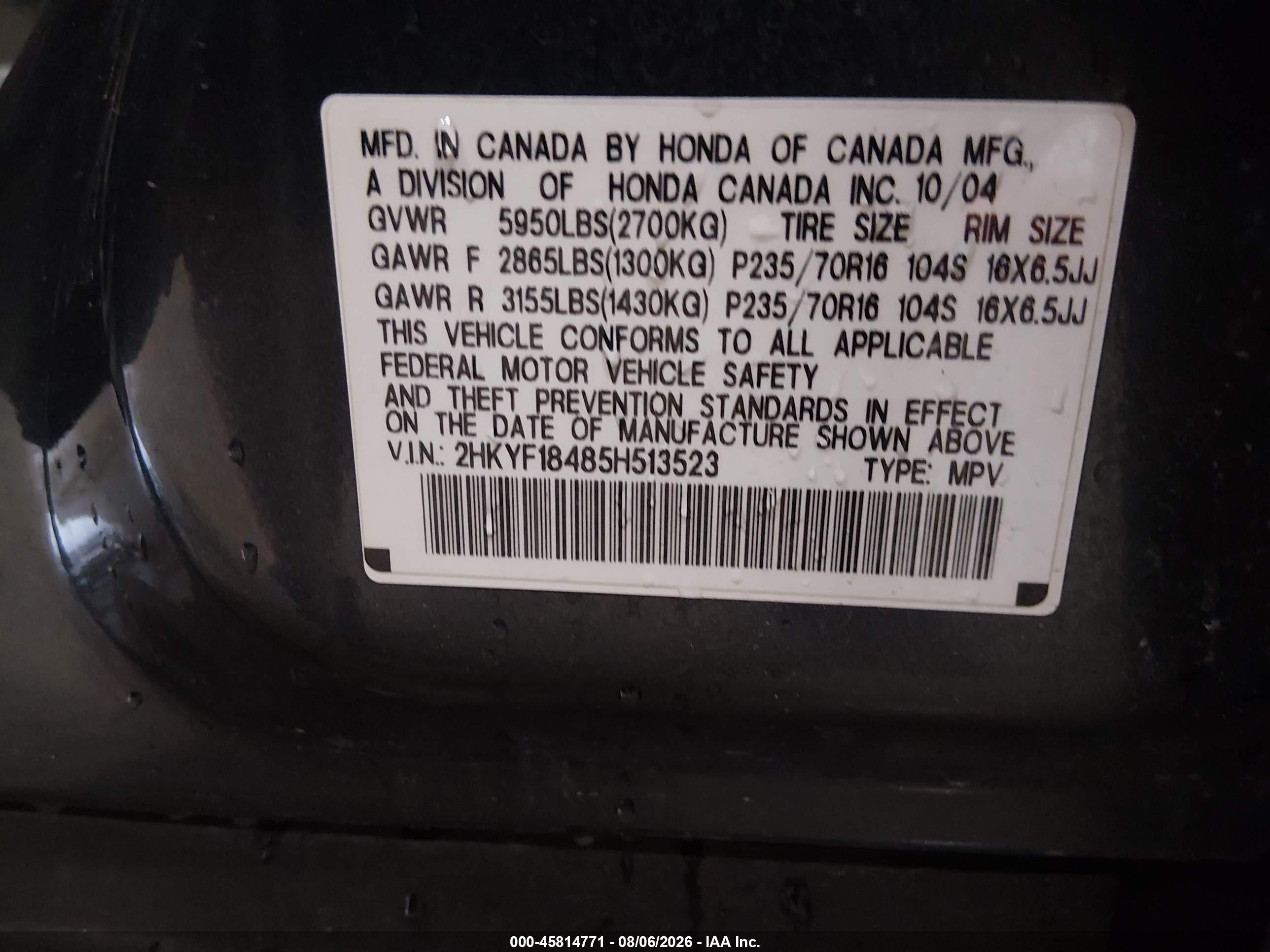 2005 Honda Pilot Ex Серый vin: 2HKYF18485H513523