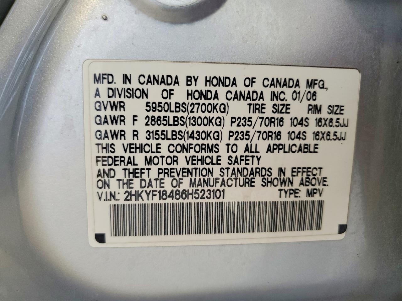 2006 Honda Pilot Ex Silver vin: 2HKYF18486H523101