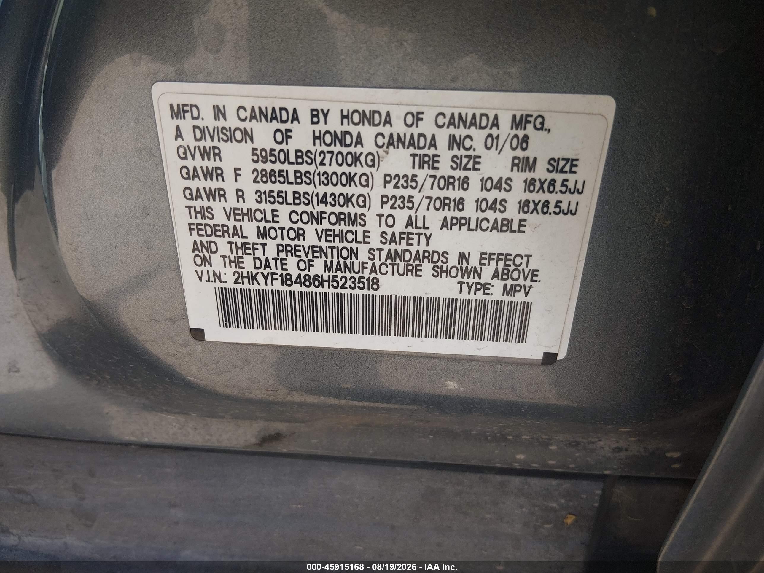 2006 Honda Pilot Ex Teal vin: 2HKYF18486H523518