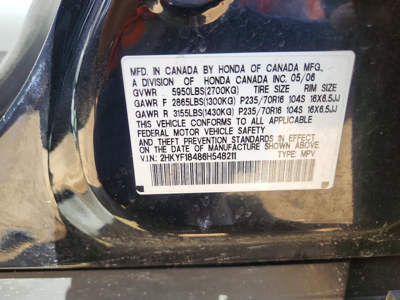 2006 Honda Pilot Ex Black vin: 2HKYF18486H548211
