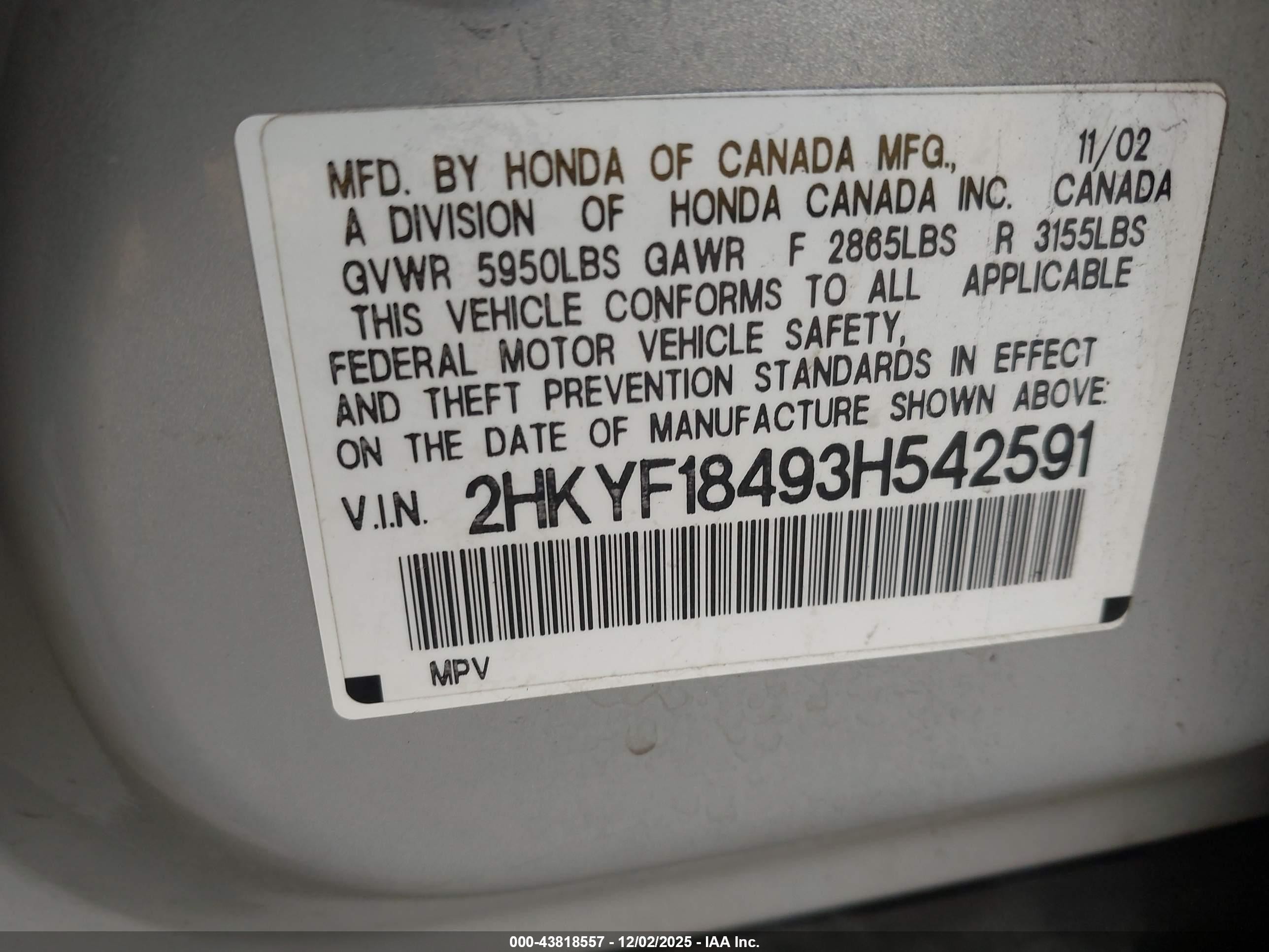 2003 Honda Pilot Ex Silver vin: 2HKYF18493H542591