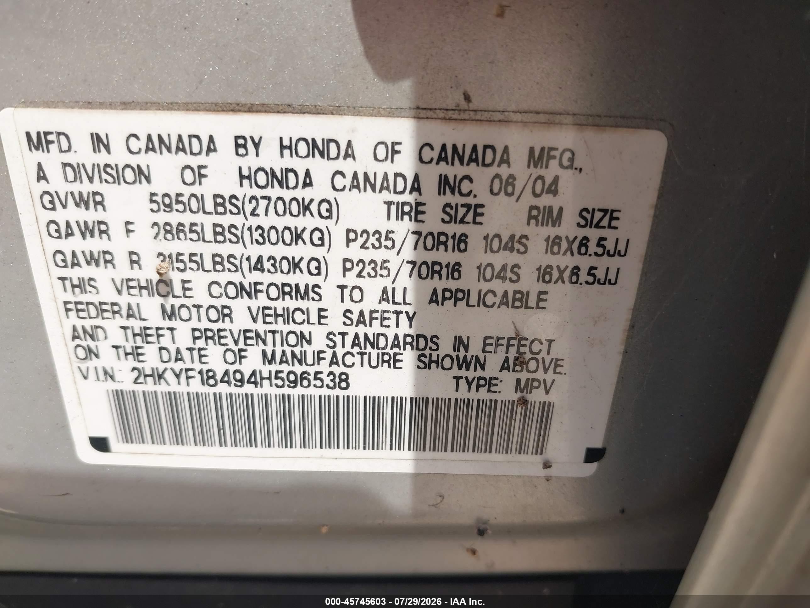 2004 Honda Pilot Ex White vin: 2HKYF184948596538