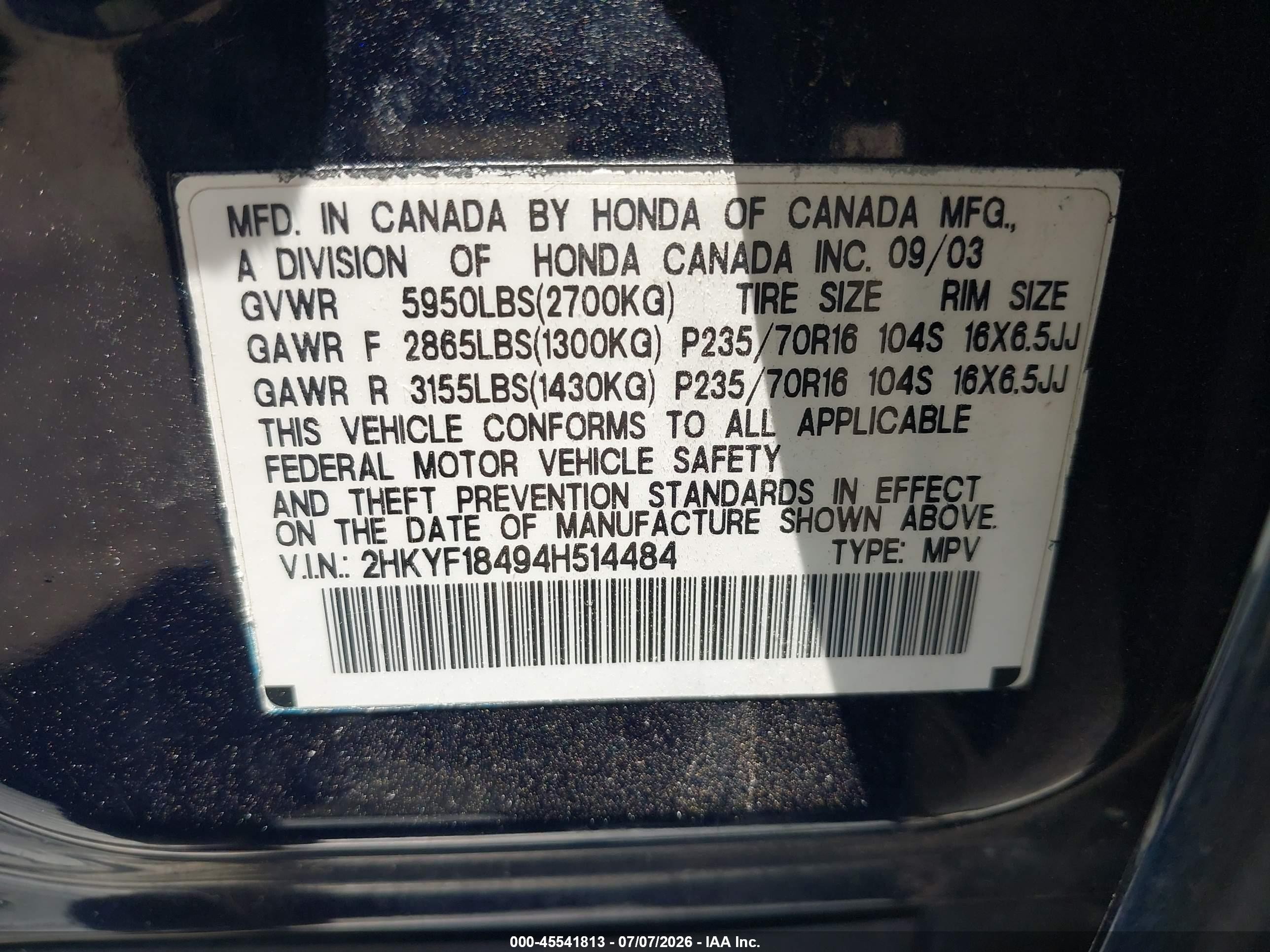 2004 Honda Pilot Ex Blue vin: 2HKYF18494H514484
