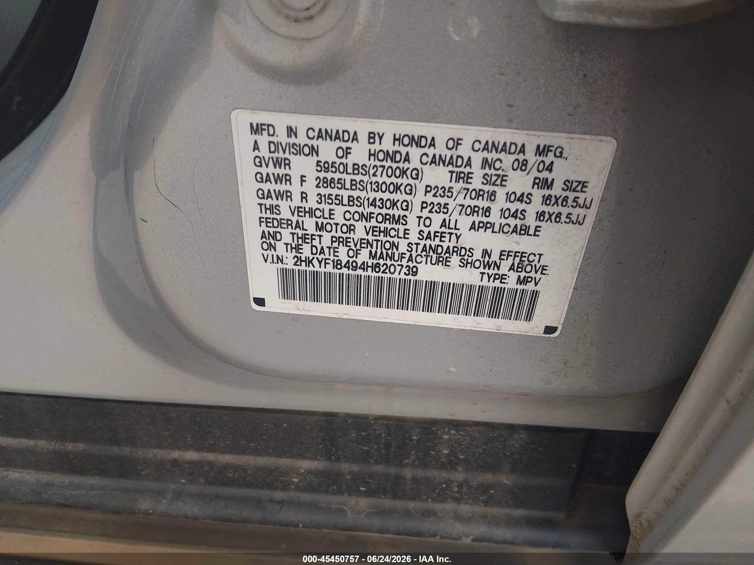2004 Honda Pilot Ex Серебряный vin: 2HKYF18494H620739