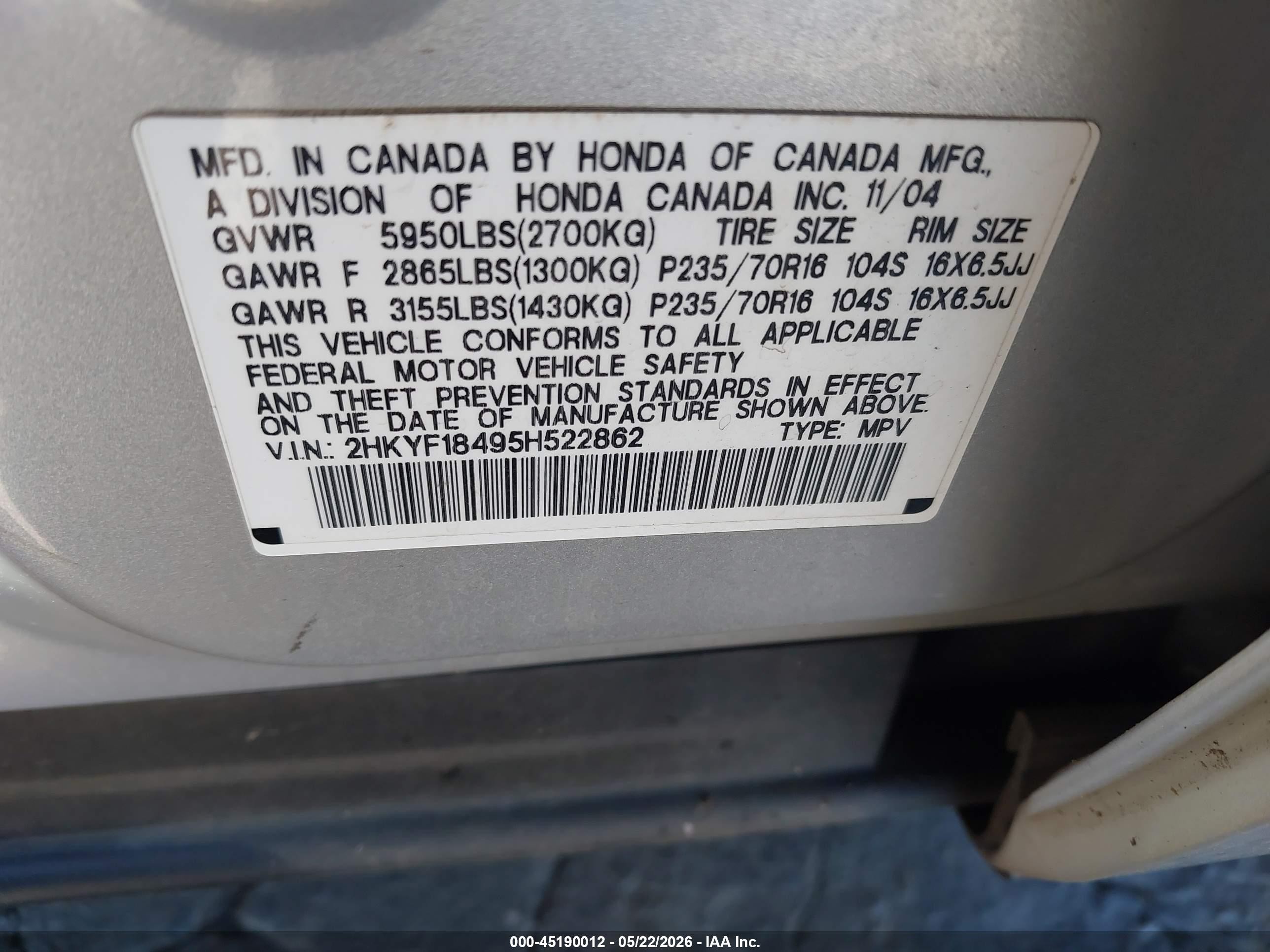 2005 Honda Pilot Ex Silver vin: 2HKYF18495H522862