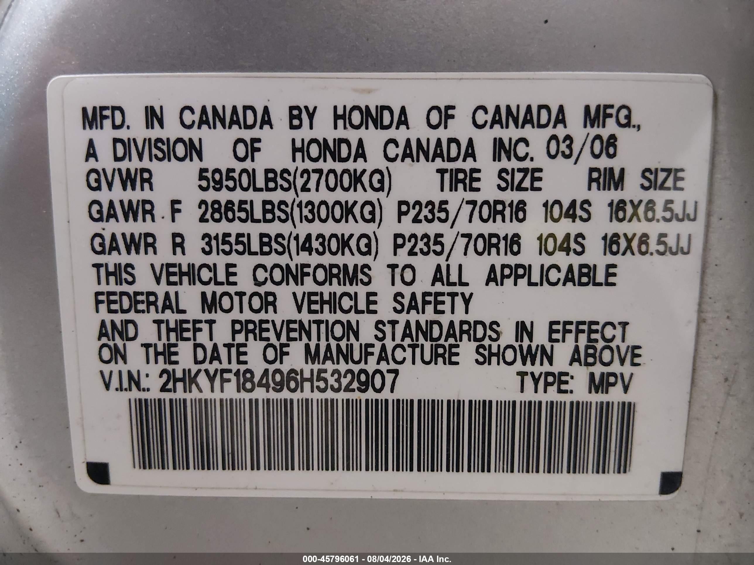 2006 Honda Pilot Ex Silver vin: 2HKYF18496H532907
