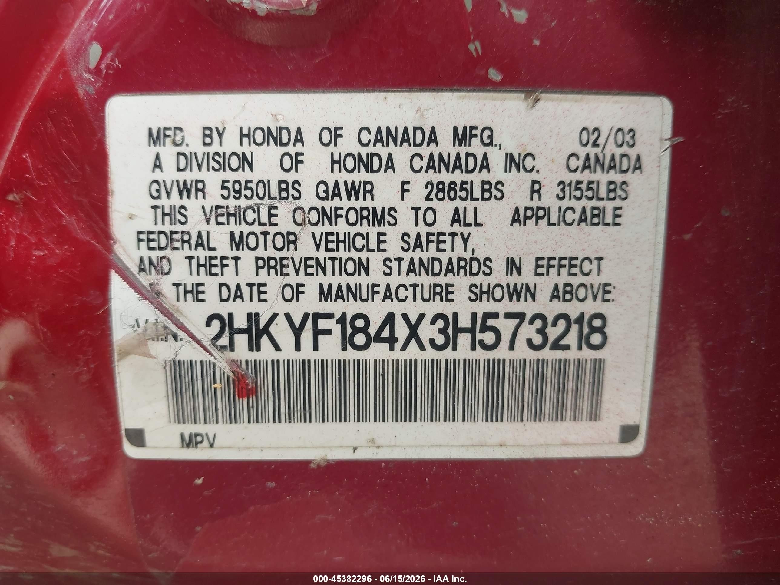 2003 Honda Pilot Ex Red vin: 2HKYF184X3H573218