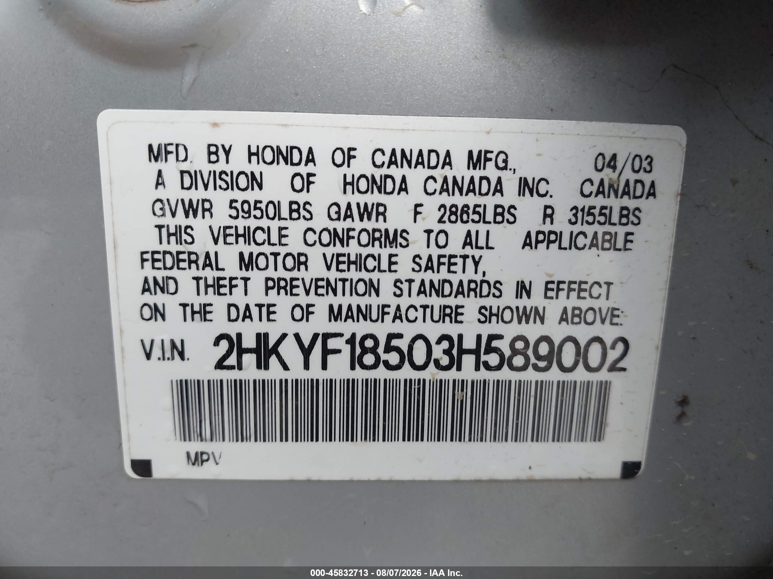 2003 Honda Pilot Ex-l Silver vin: 2HKYF18503H589002