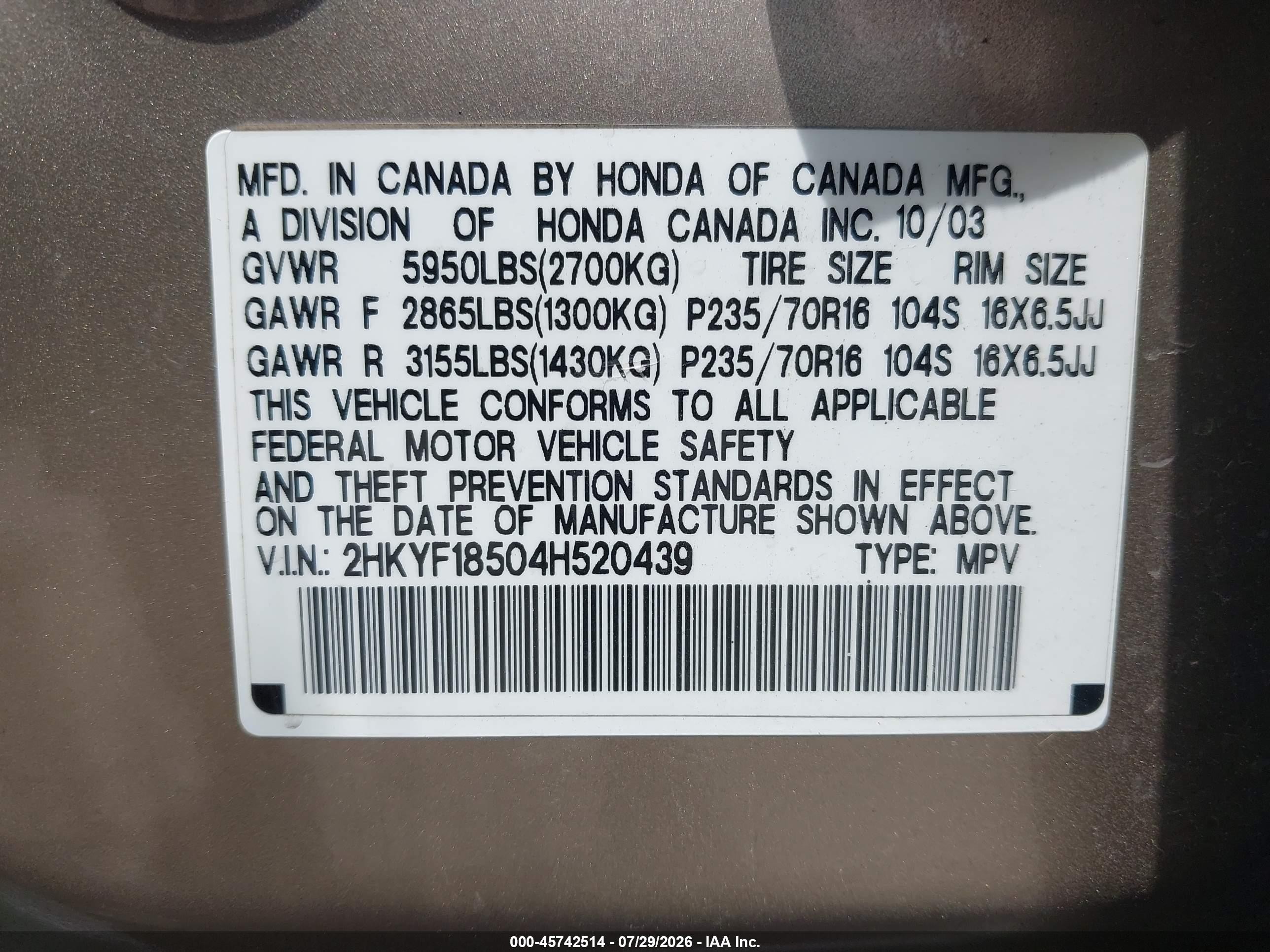 2004 Honda Pilot Ex-l Gold vin: 2HKYF18504H520439