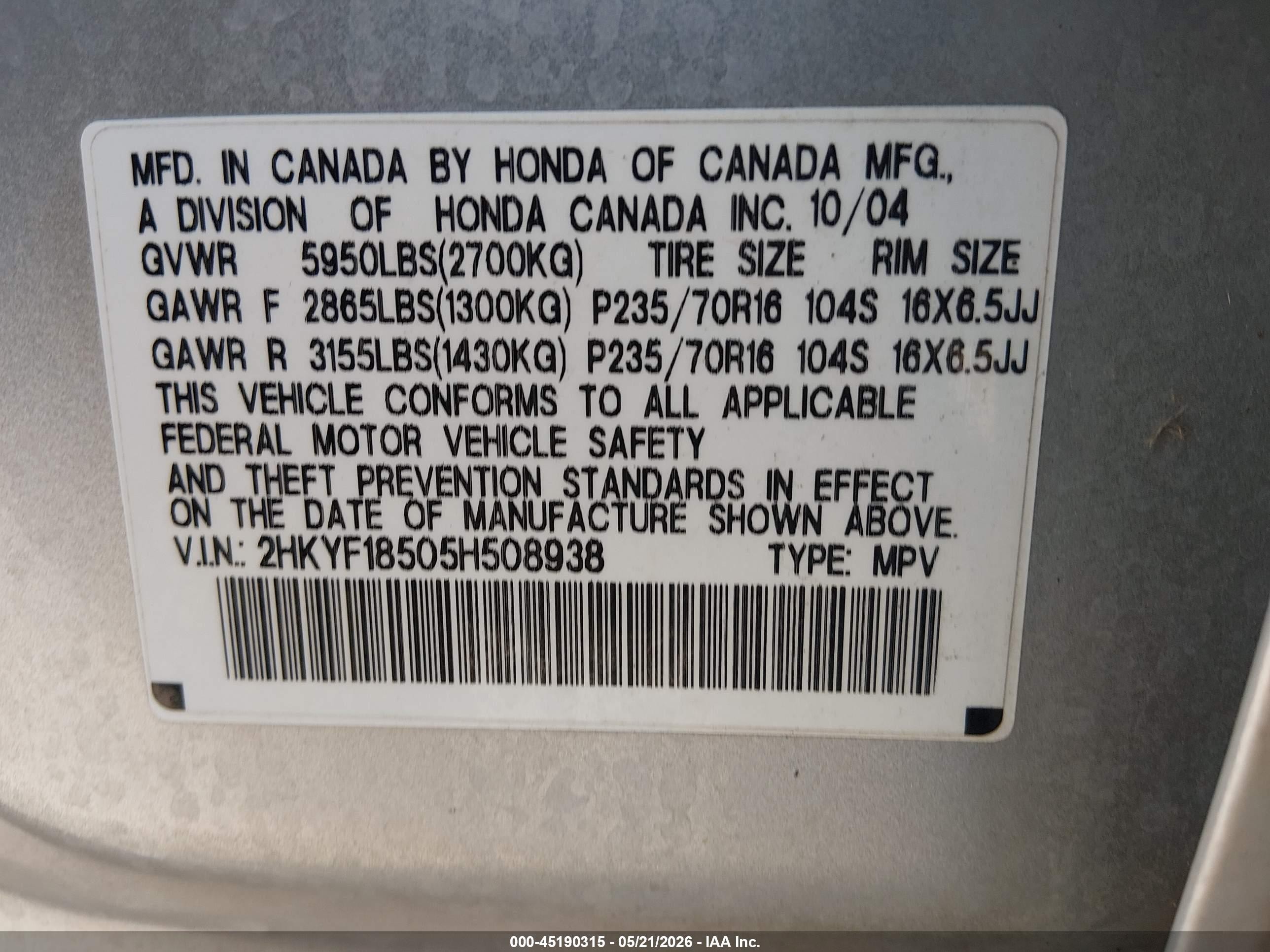 2005 Honda Pilot Ex-l Silver vin: 2HKYF18505H508938