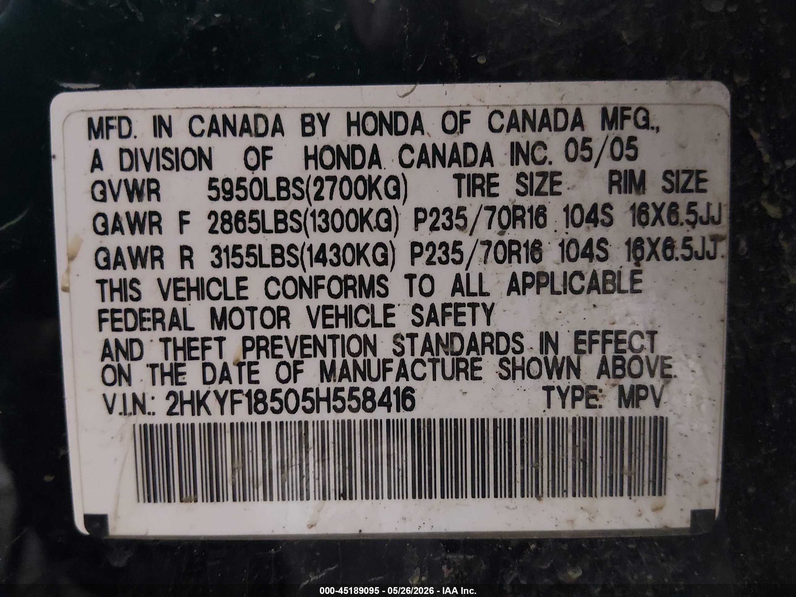 2005 Honda Pilot Ex-l Black vin: 2HKYF18505H558416