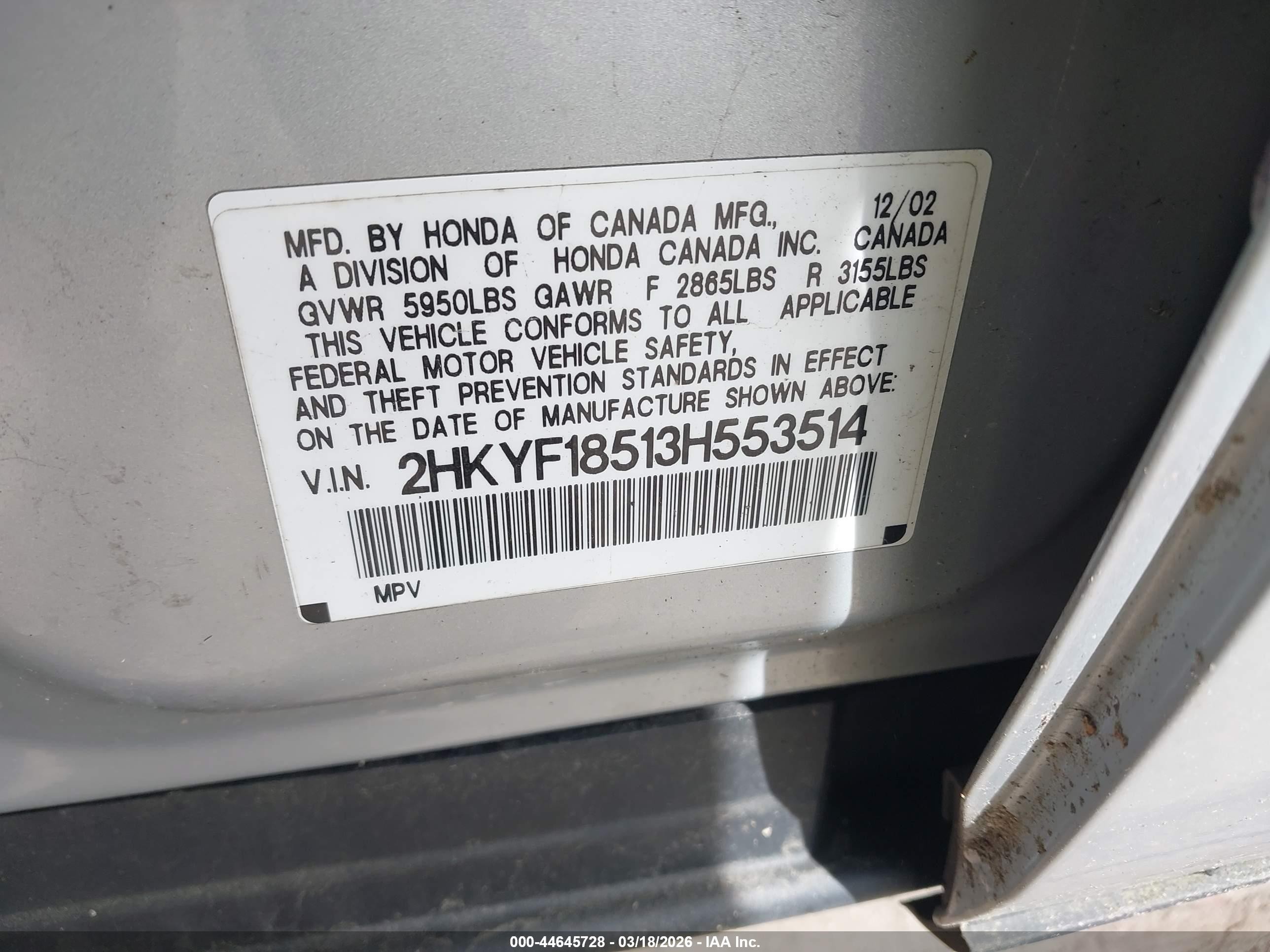 2003 Honda Pilot Ex-l Silver vin: 2HKYF18513H553514