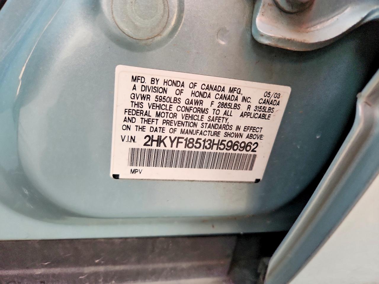 2003 Honda Pilot Exl Blue vin: 2HKYF18513H596962