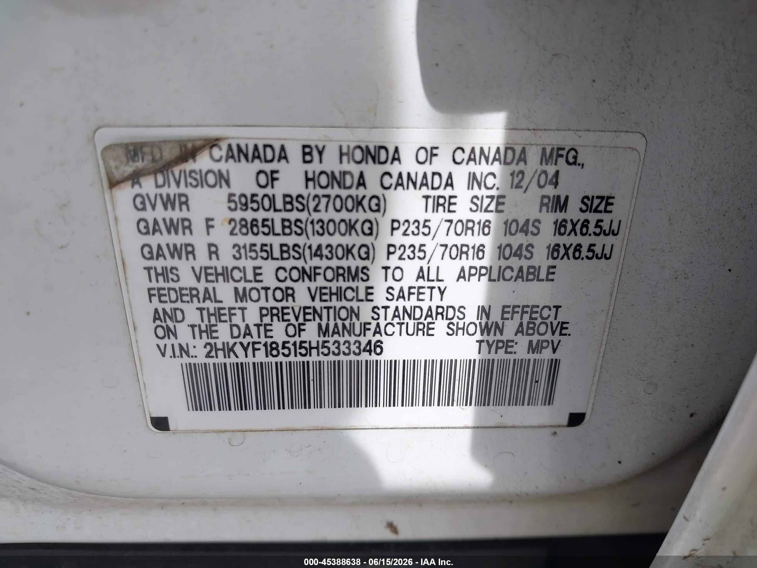 2005 Honda Pilot Ex-l White vin: 2HKYF18515H533346