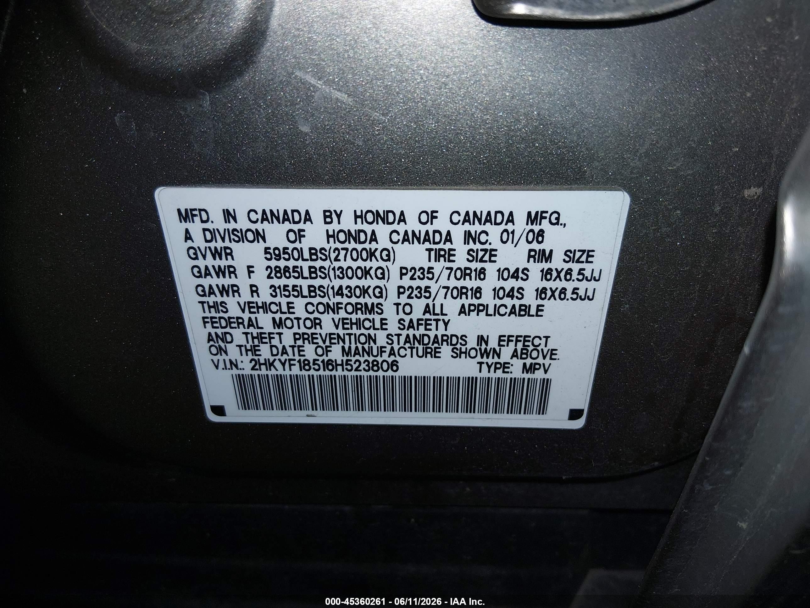 2006 Honda Pilot Ex-l Золотой vin: 2HKYF18516H523806