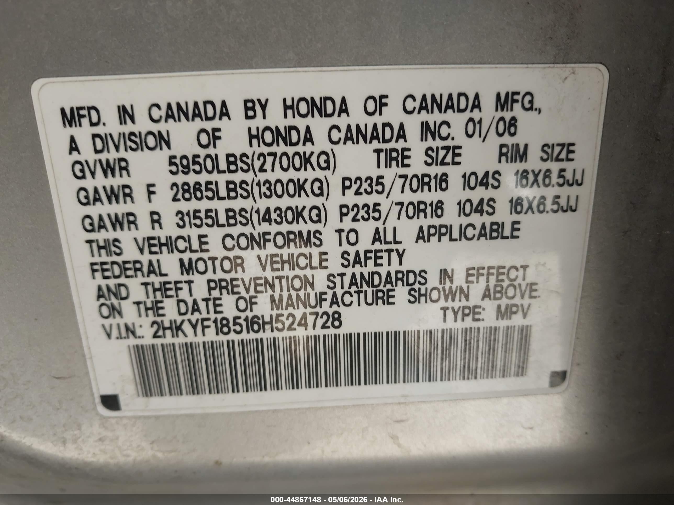 2006 Honda Pilot Ex-l Silver vin: 2HKYF18516H524728