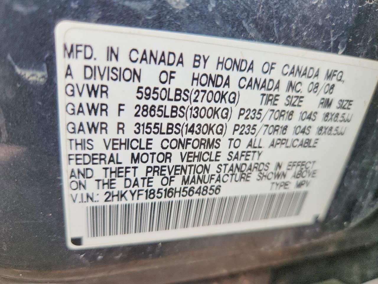 2006 Honda Pilot Ex Charcoal vin: 2HKYF18516H564856