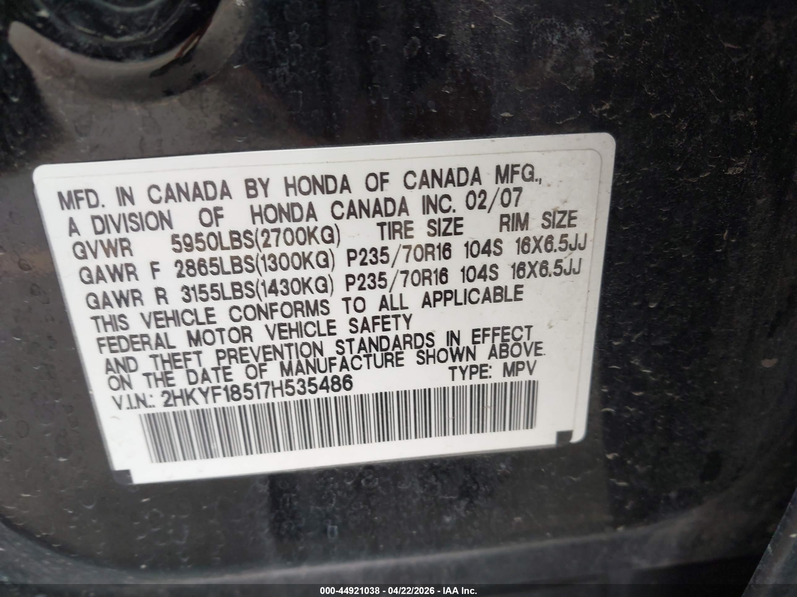 2007 Honda Pilot Ex-l Black vin: 2HKYF18517H535486