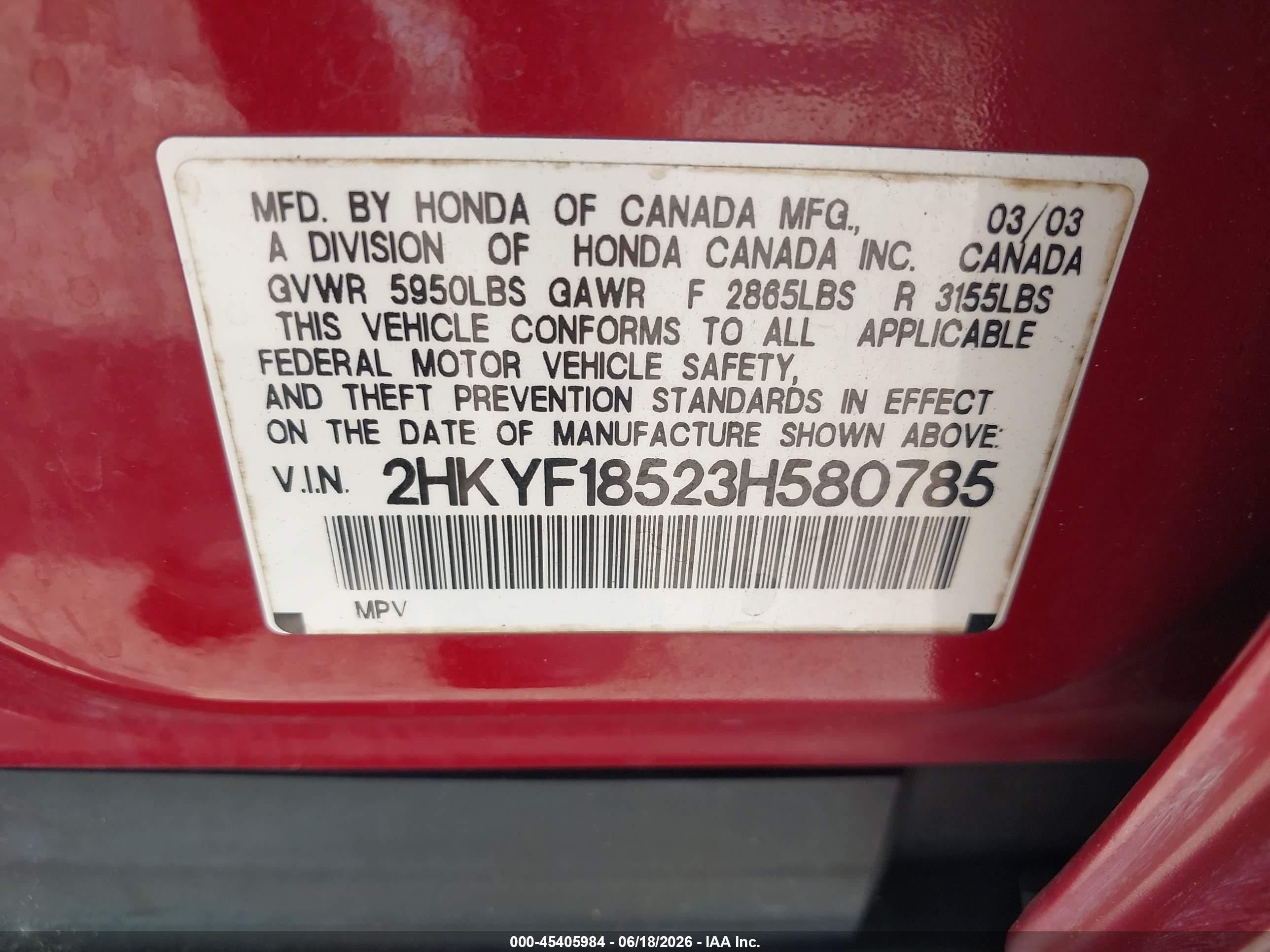 2003 Honda Pilot Ex-l Red vin: 2HKYF18523H580785