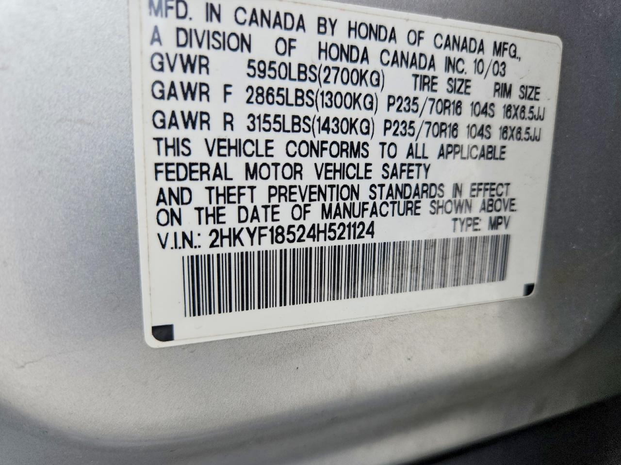 2004 Honda Pilot Exl Silver vin: 2HKYF18524H521124
