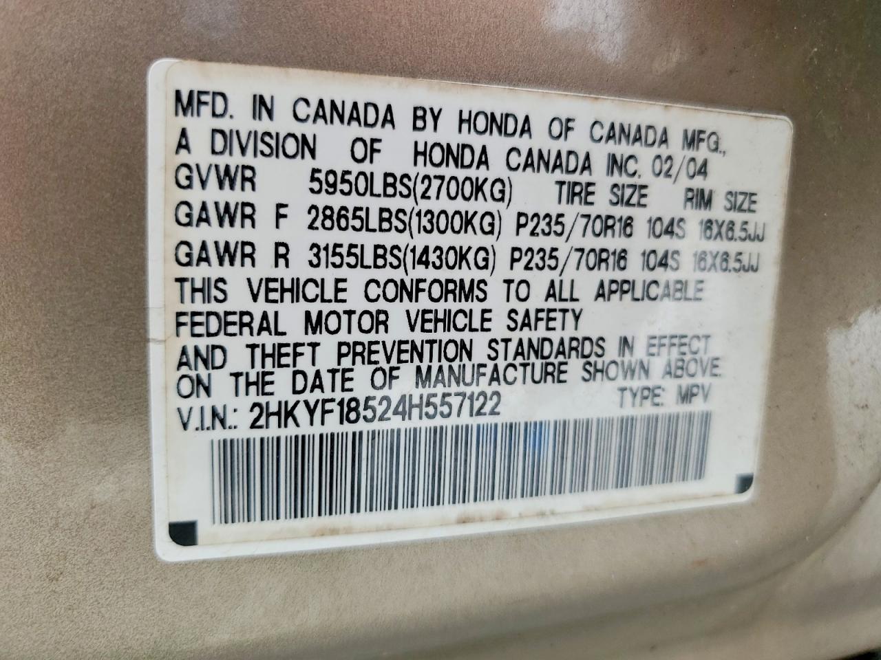 2004 Honda Pilot Exl Gold vin: 2HKYF18524H557122
