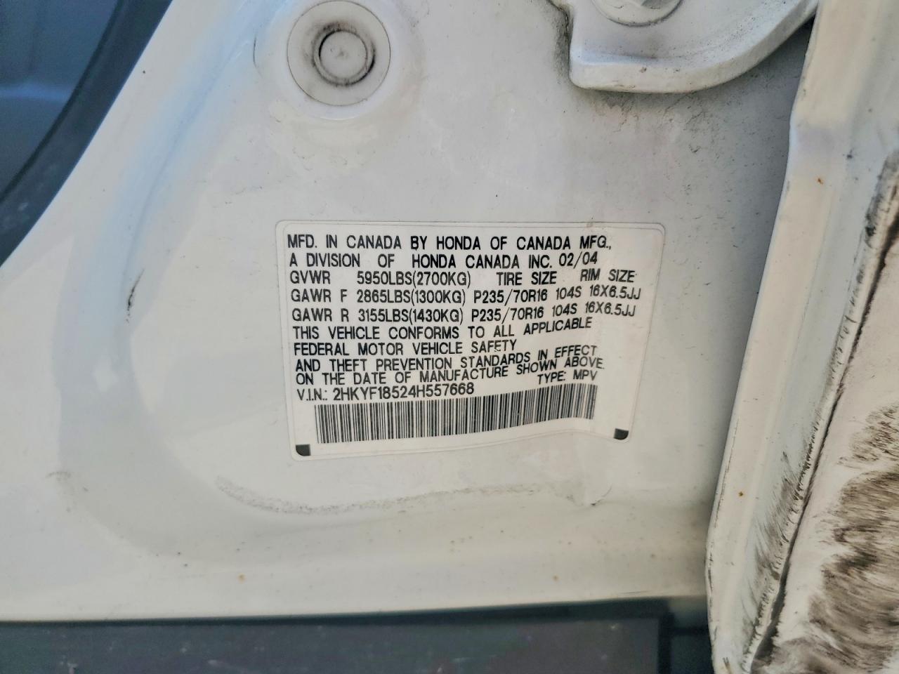 2004 Honda Pilot Exl White vin: 2HKYF18524H557668