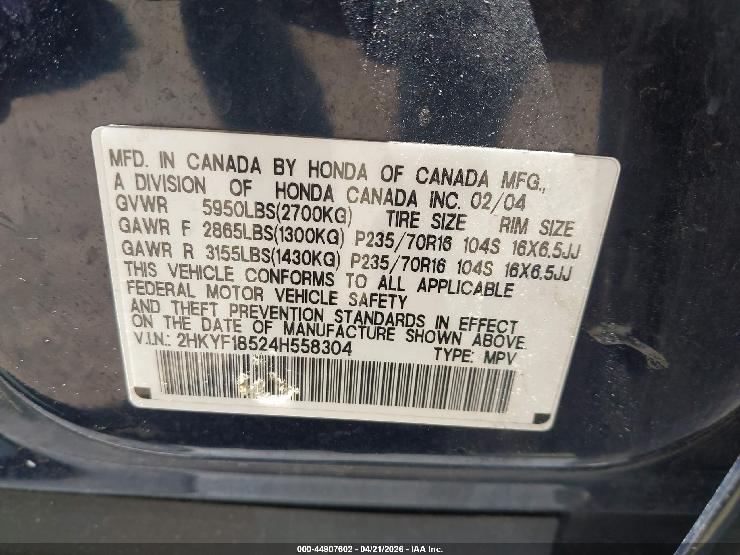 2004 Honda Pilot Ex-l Синий vin: 2HKYF18524H558304