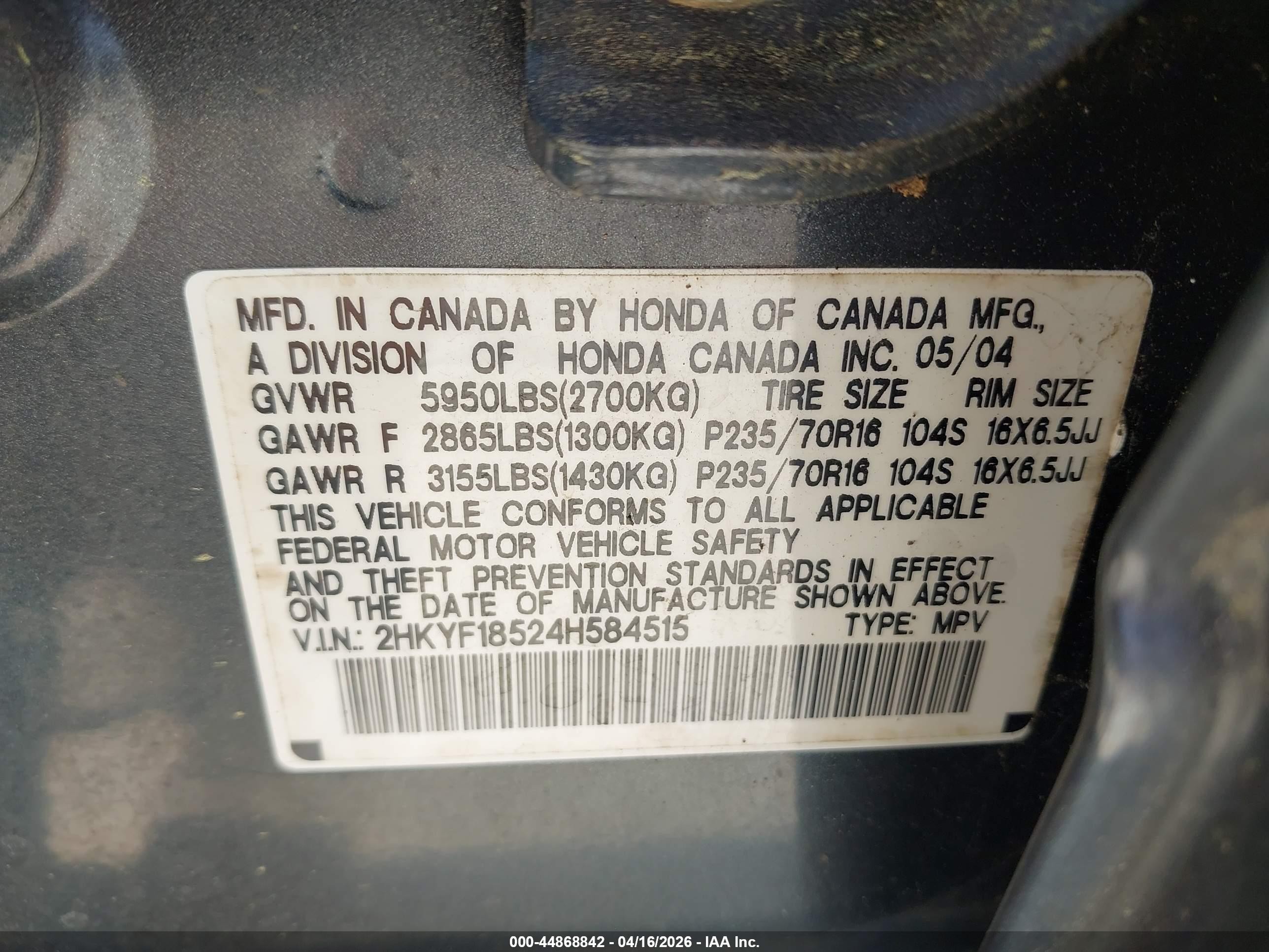 2004 Honda Pilot Ex-l Gray vin: 2HKYF18524H584515