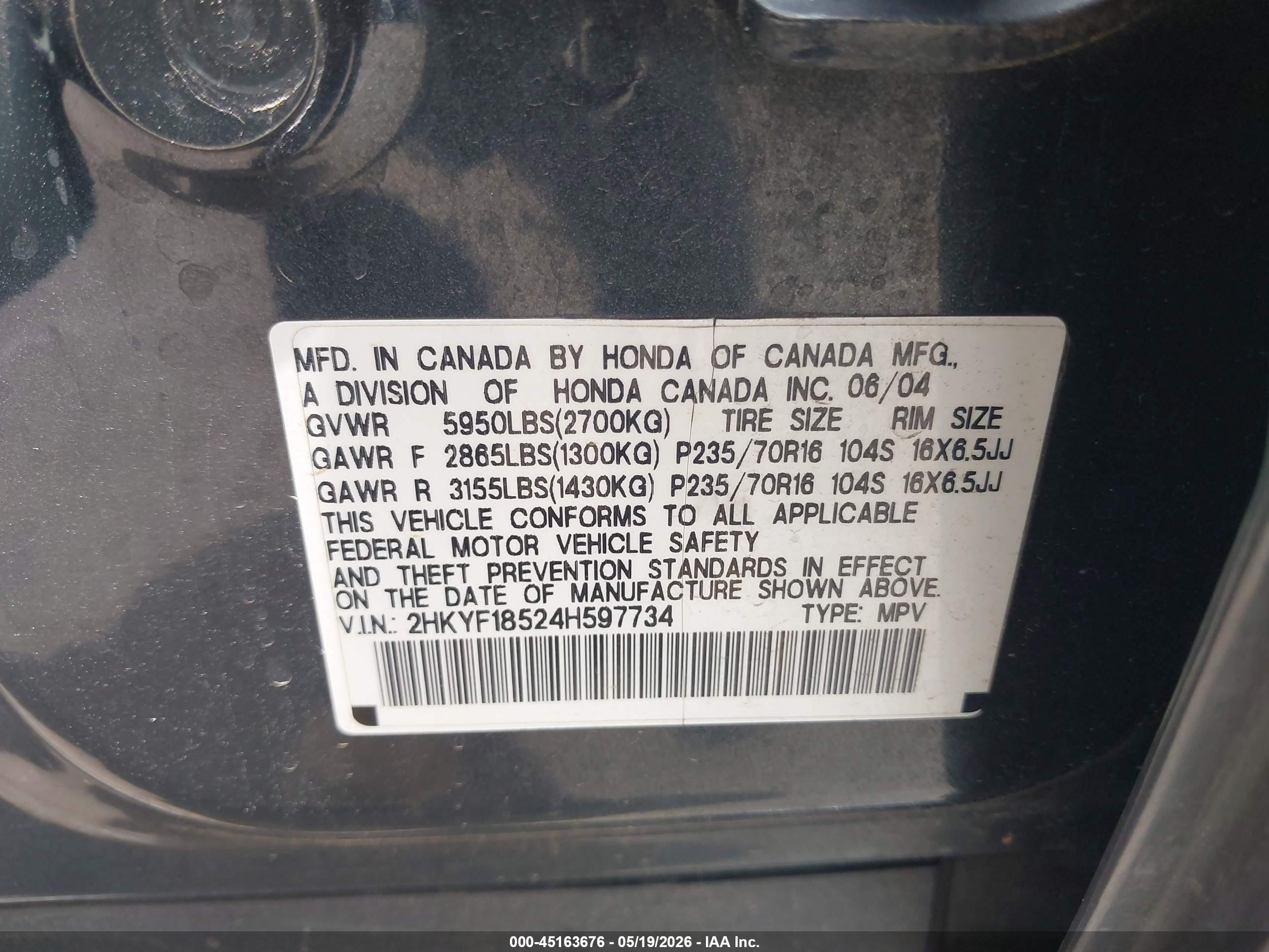 2004 Honda Pilot Ex-l Black vin: 2HKYF18524H597734