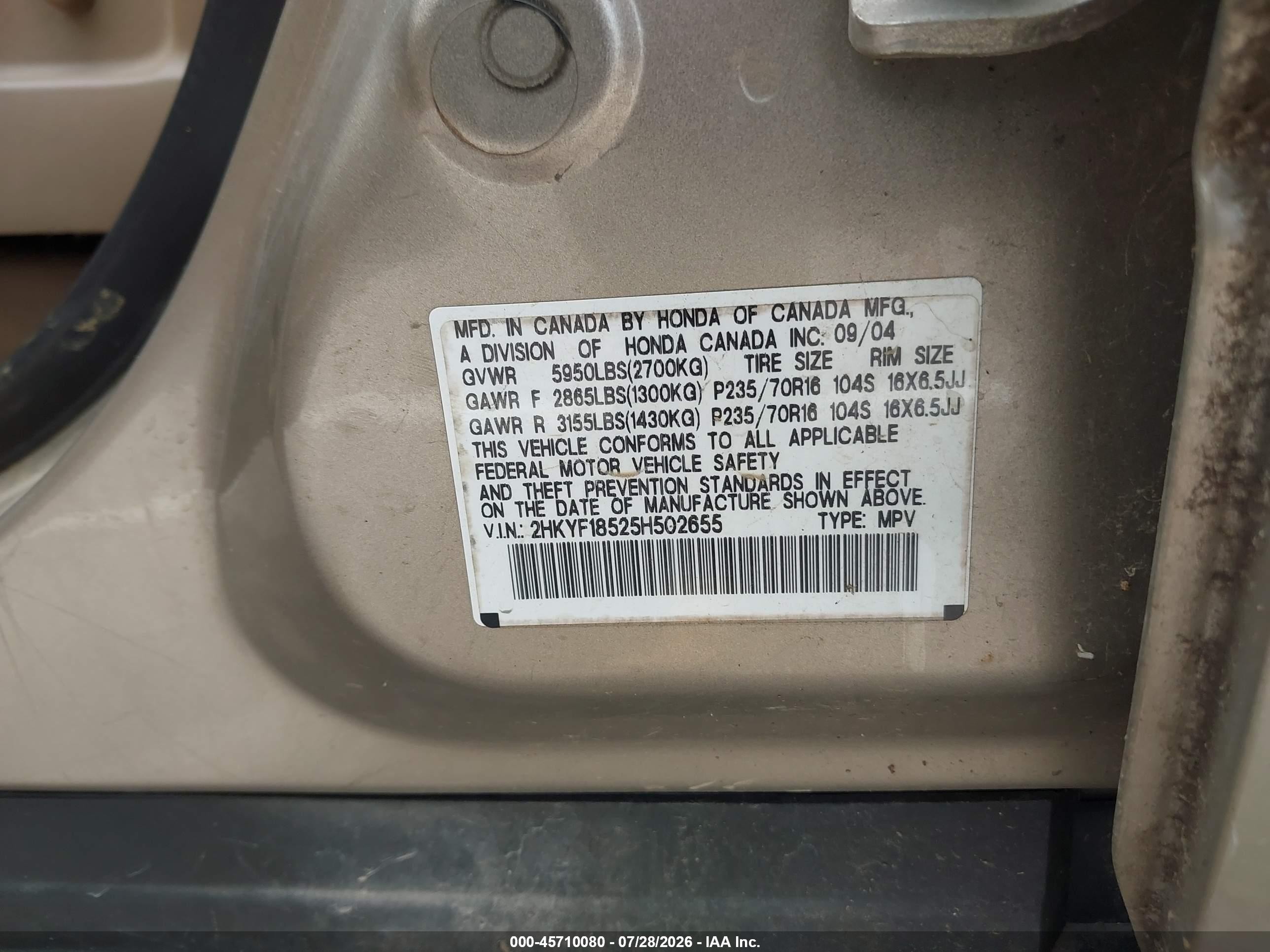 2005 Honda Pilot Ex-l Tan vin: 2HKYF18525H502655