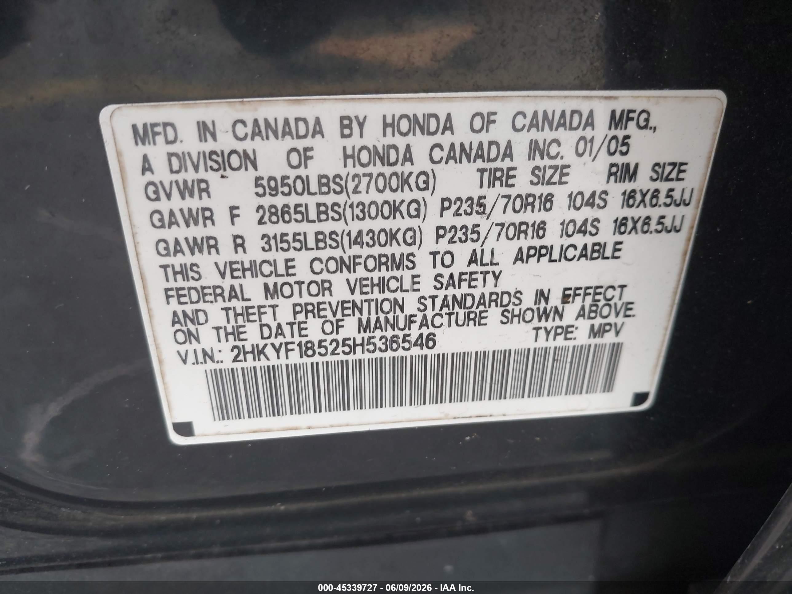 2005 Honda Pilot Ex-l Черный vin: 2HKYF18525H536546