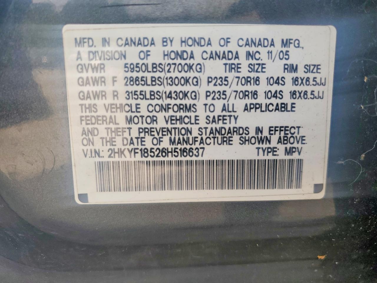2006 Honda Pilot Ex Gray vin: 2HKYF18526H516637