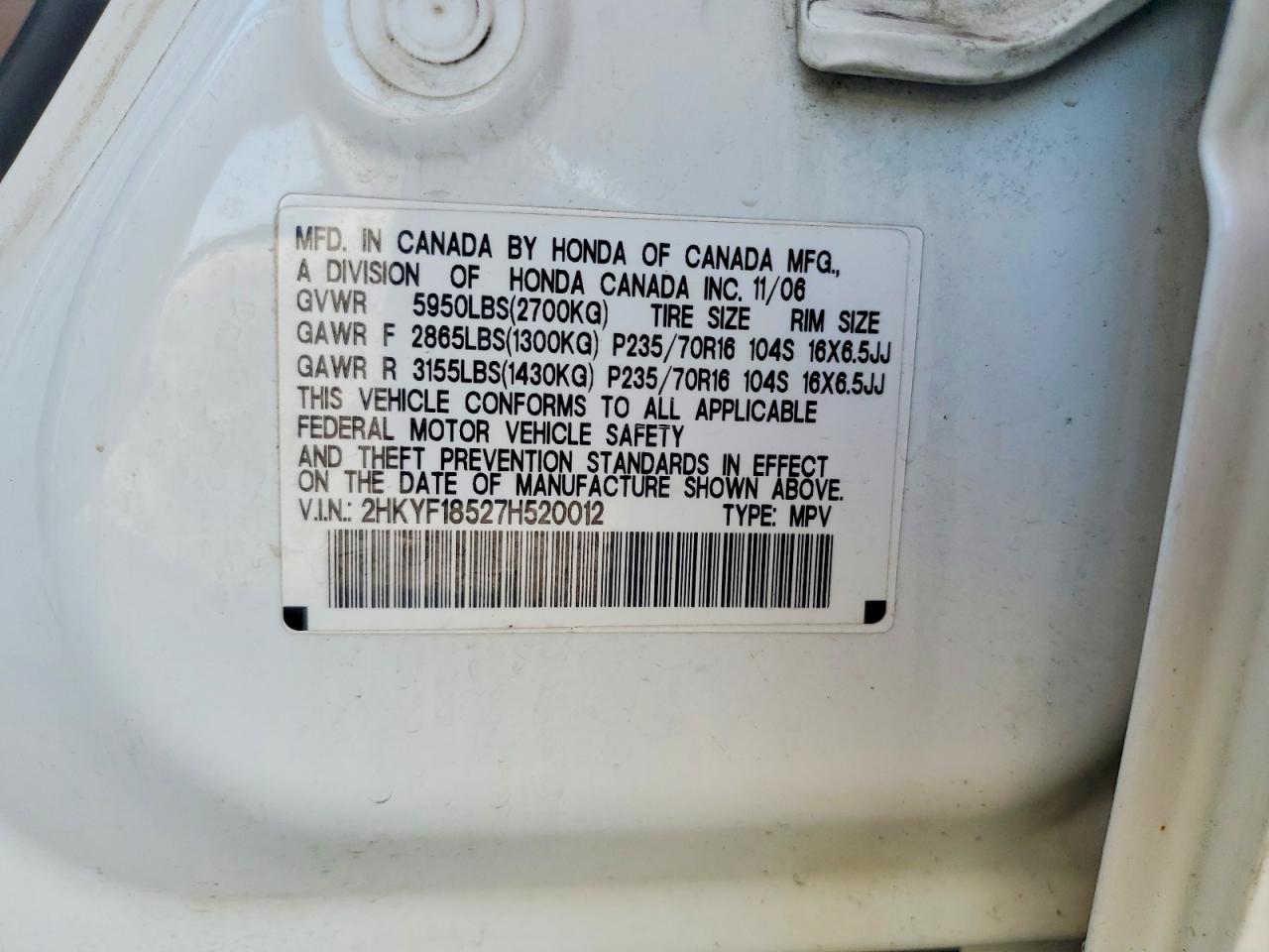 2007 Honda Pilot Exl White vin: 2HKYF18527H520012