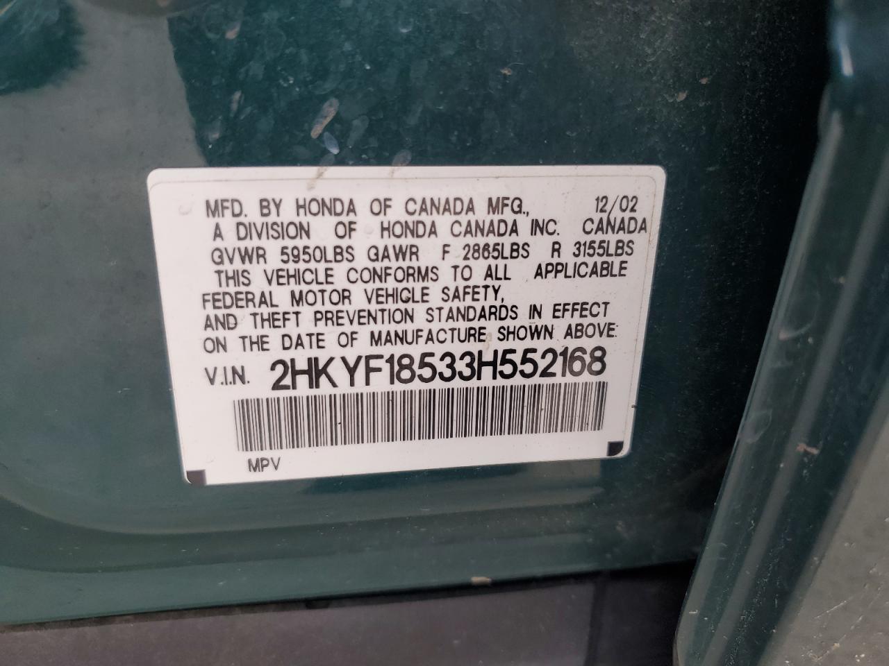 2003 Honda Pilot Exl Green vin: 2HKYF18533H552168