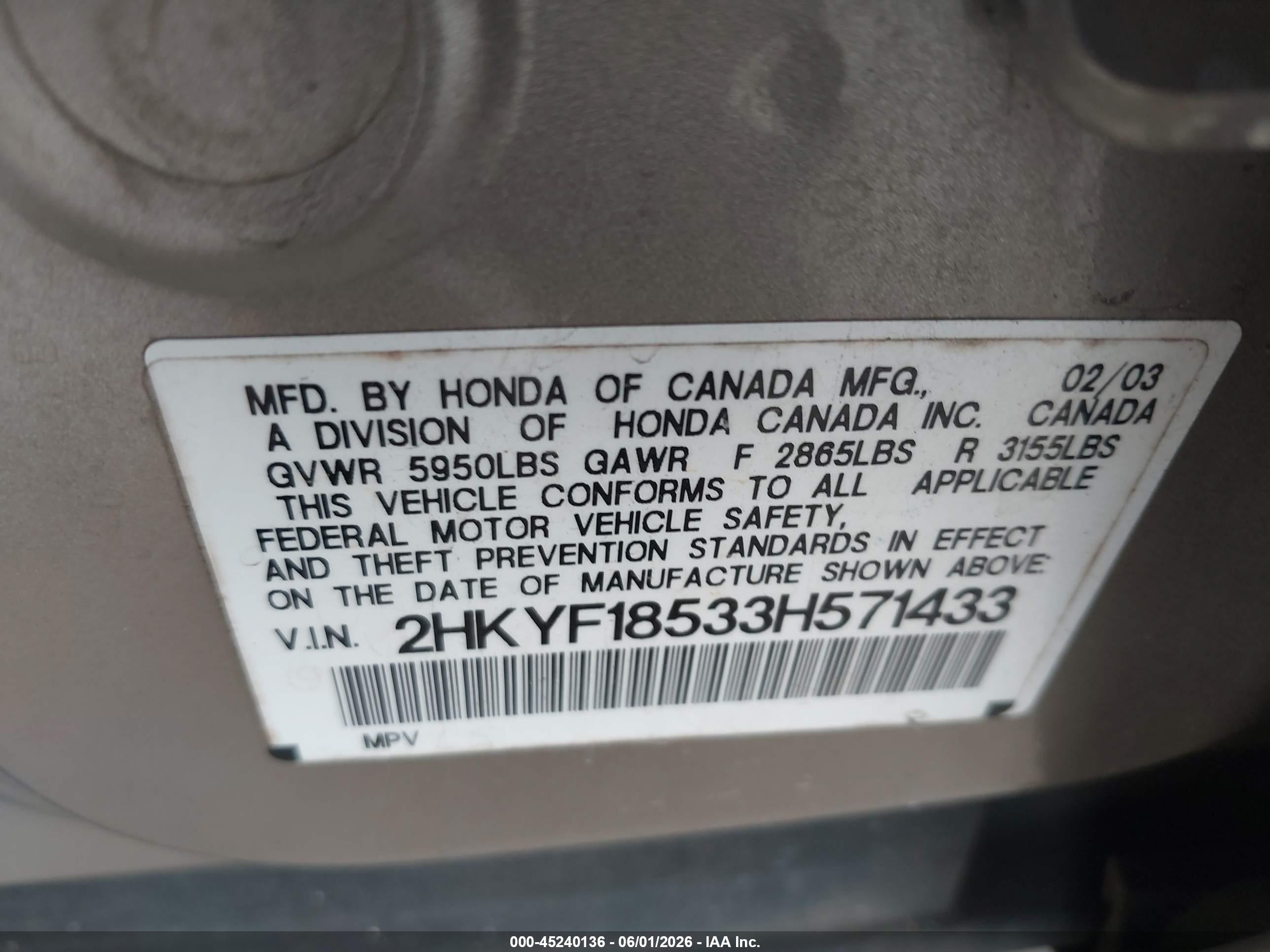 2003 Honda Pilot Ex-l Beige vin: 2HKYF18533H57143 