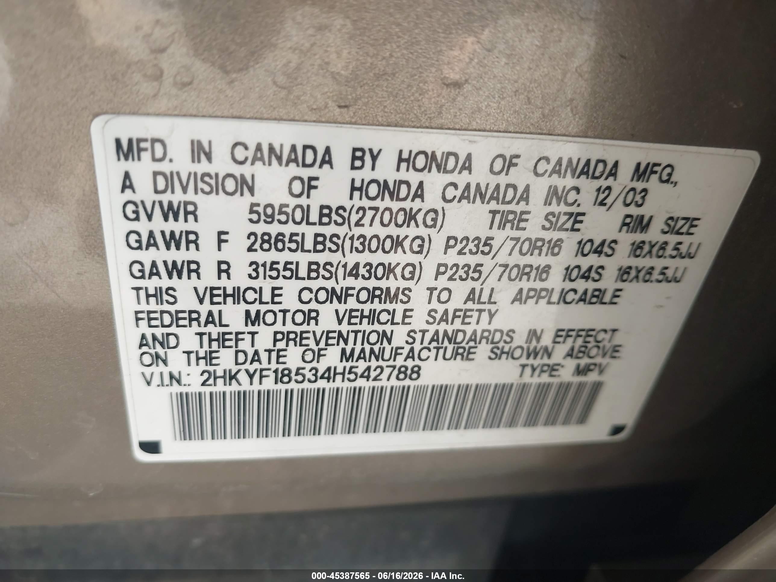 2004 Honda Pilot Ex-l Коричневый vin: 2HKYF18534H542788