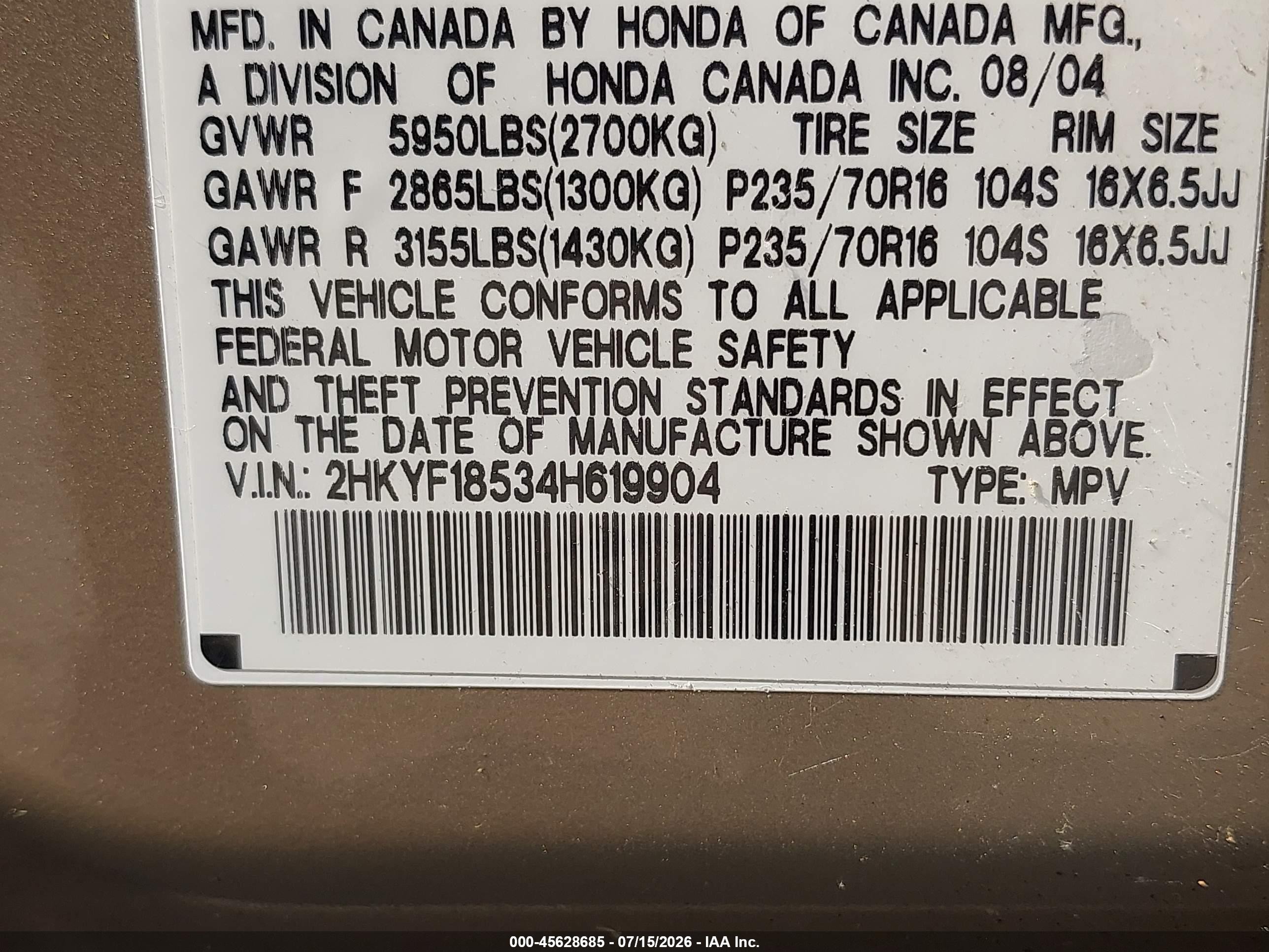 2004 Honda Pilot Ex-l Cream vin: 2HKYF18534H619904