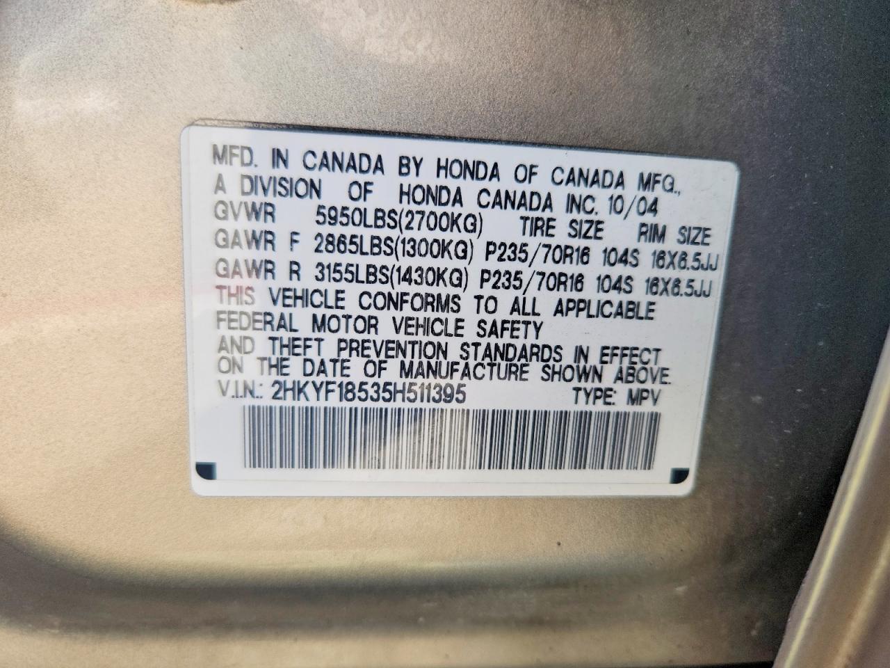 2005 Honda Pilot Exl Tan vin: 2HKYF18535H511395