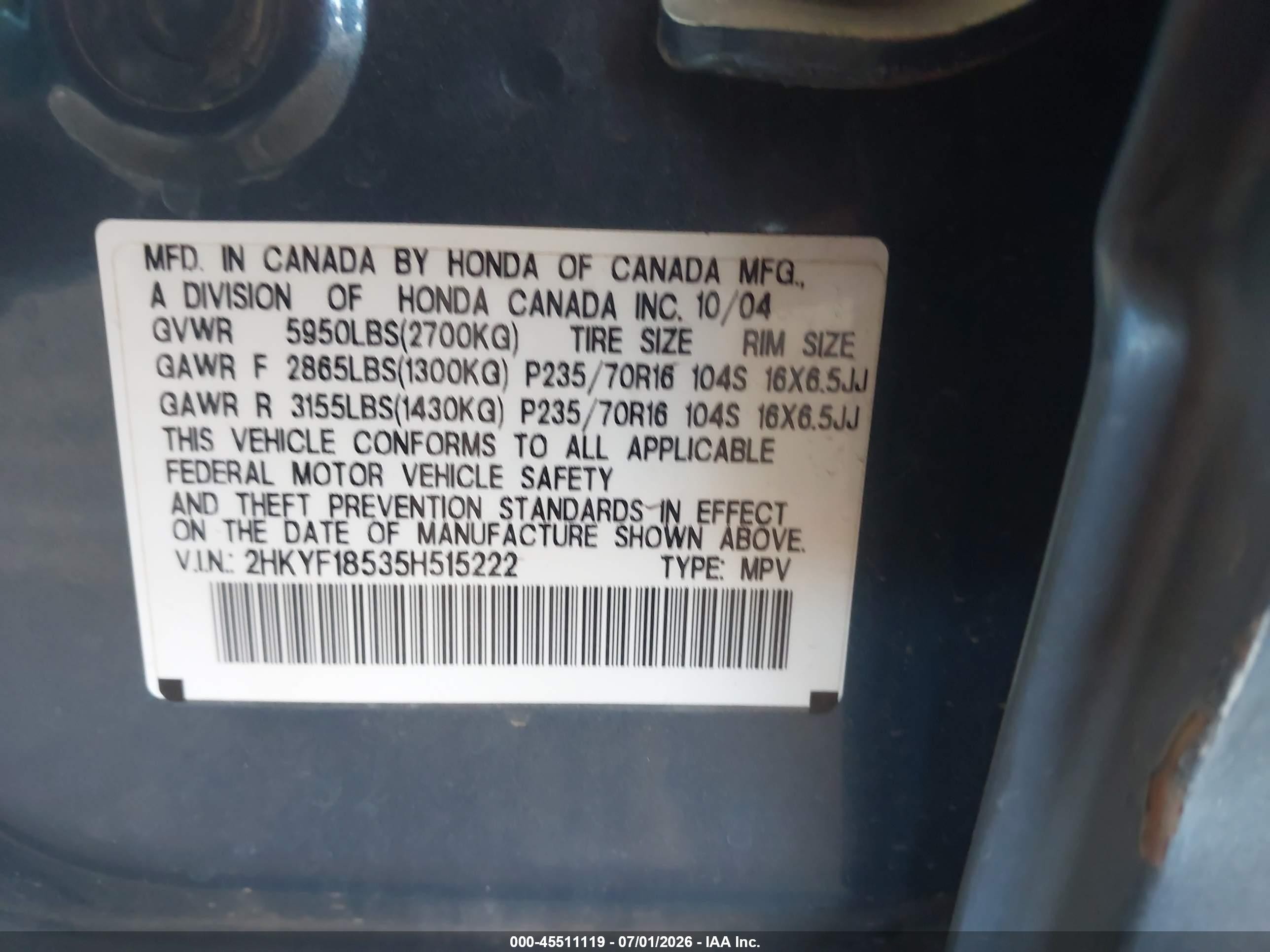 2005 Honda Pilot Ex-l Blue vin: 2HKYF18535H515222