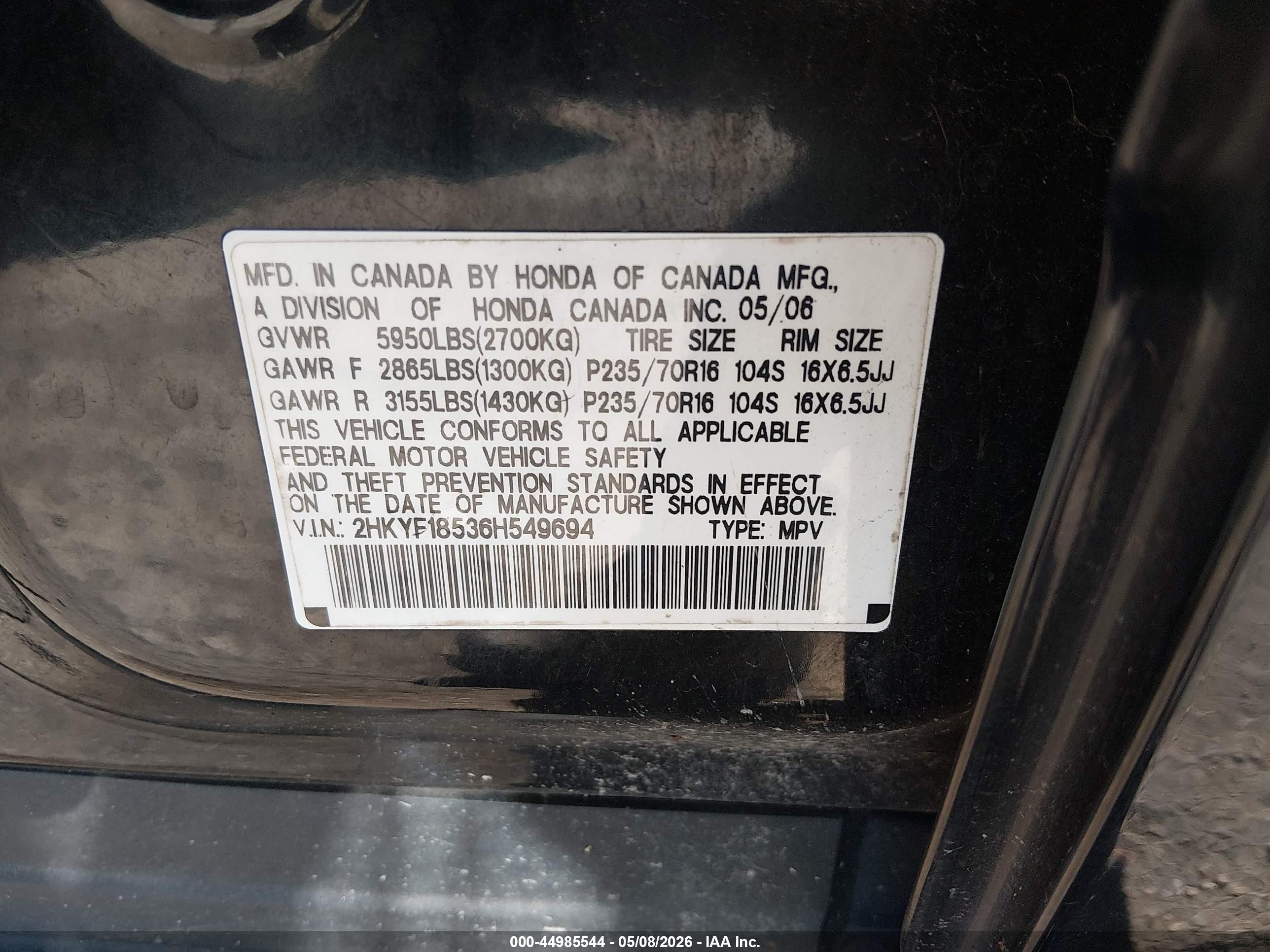2006 Honda Pilot Ex-l Black vin: 2HKYF18536H549694