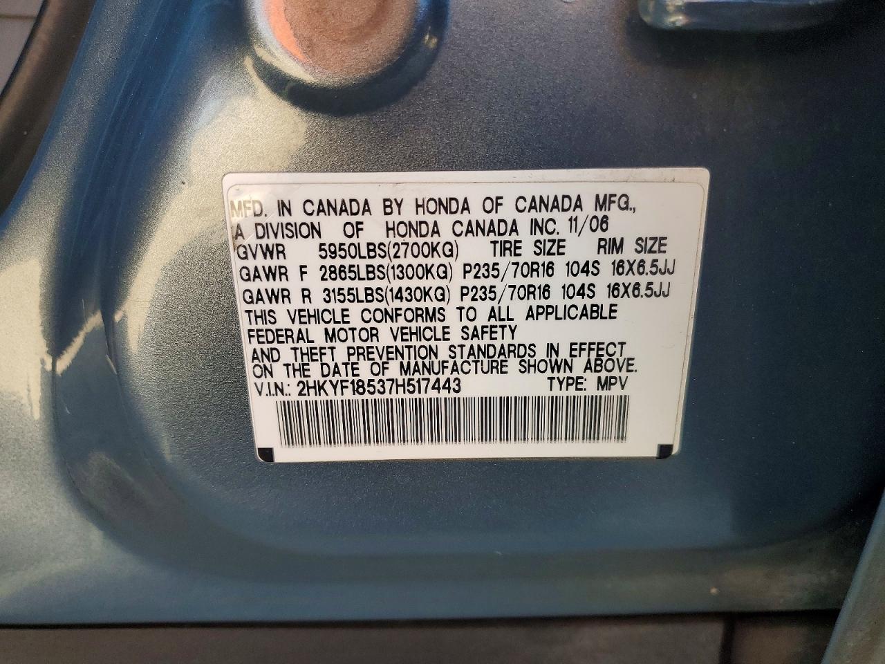 2007 Honda Pilot Exl Blue vin: 2HKYF18537H517443