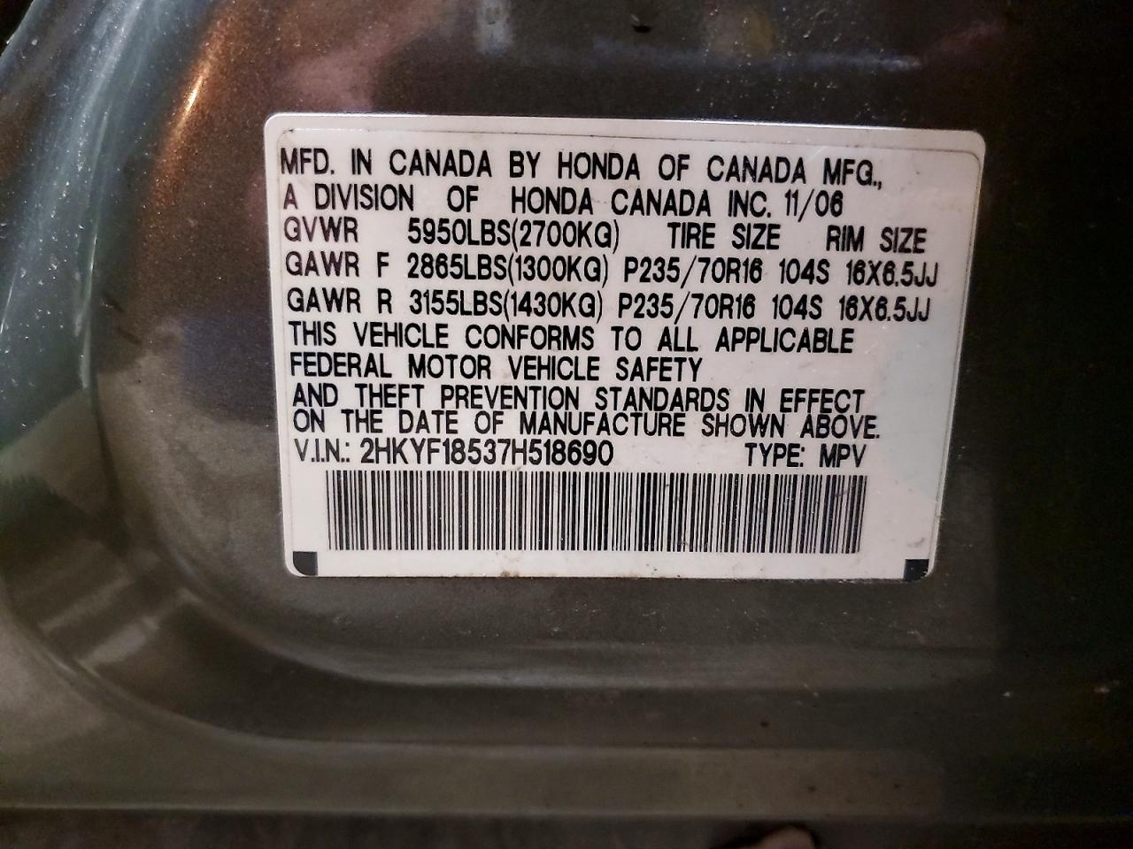 2007 Honda Pilot Exl Gray vin: 2HKYF18537H518690