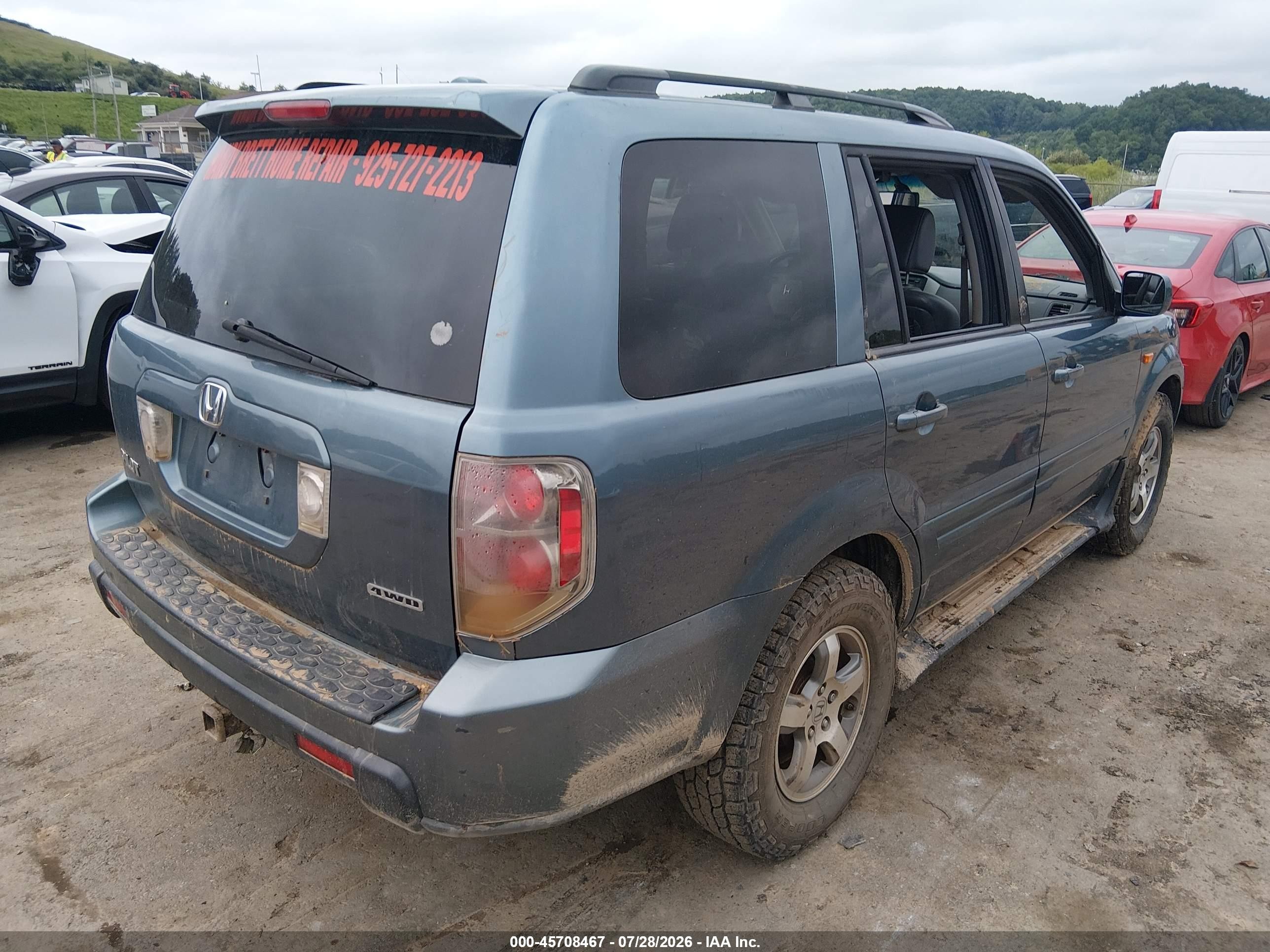 2007 Honda Pilot Ex-l Light Blue vin: 2HKYF18537H531326