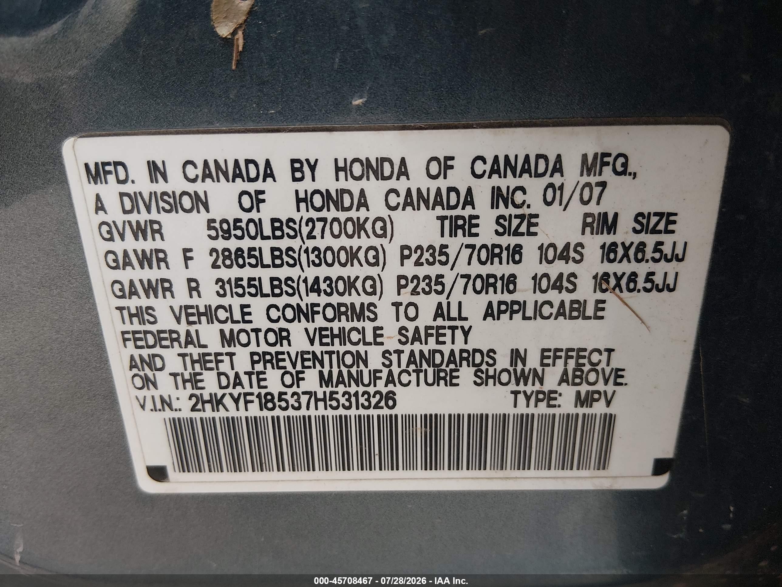 2007 Honda Pilot Ex-l Light Blue vin: 2HKYF18537H531326