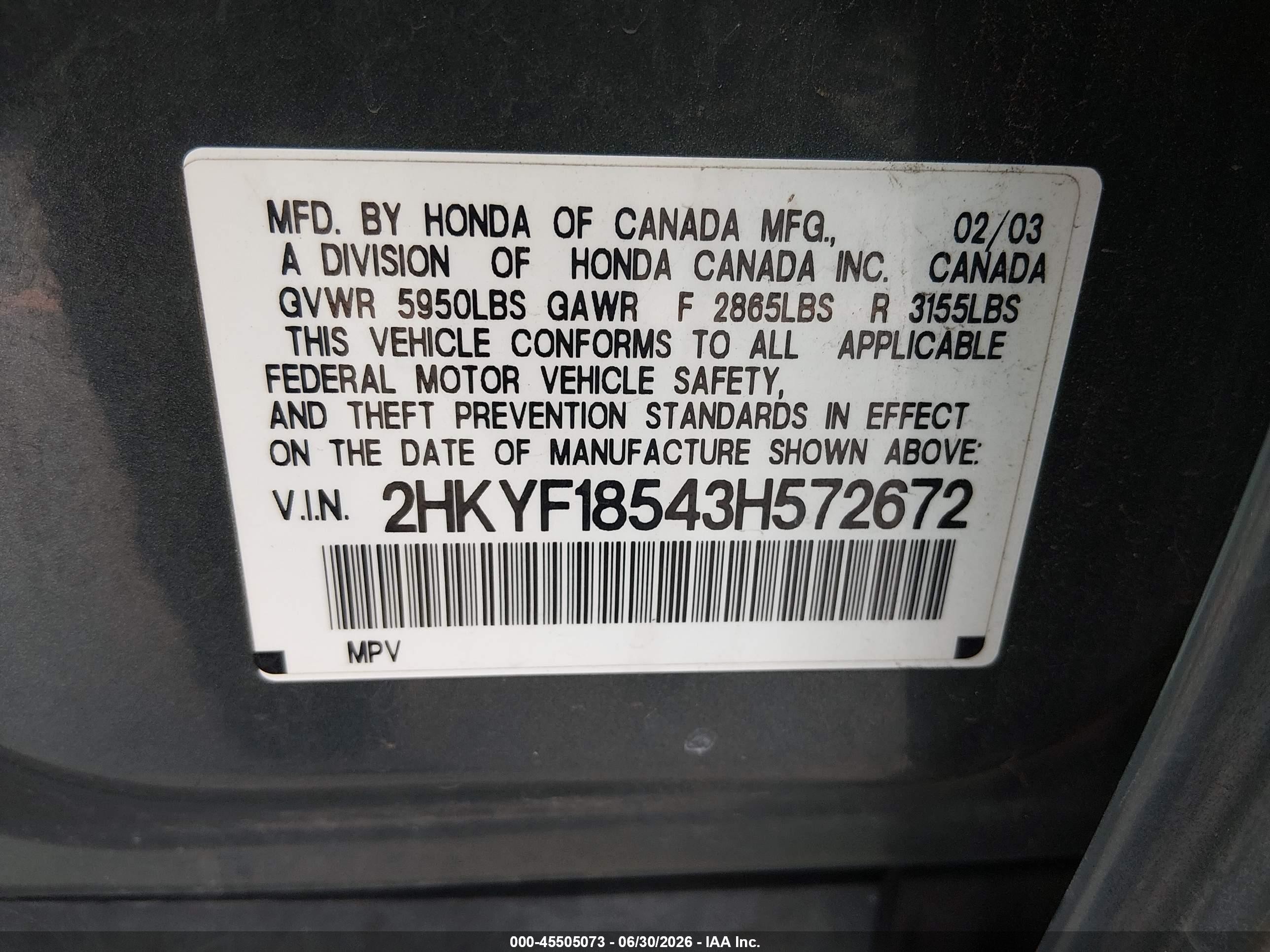2003 Honda Pilot Ex-l Серый vin: 2HKYF18543H572672